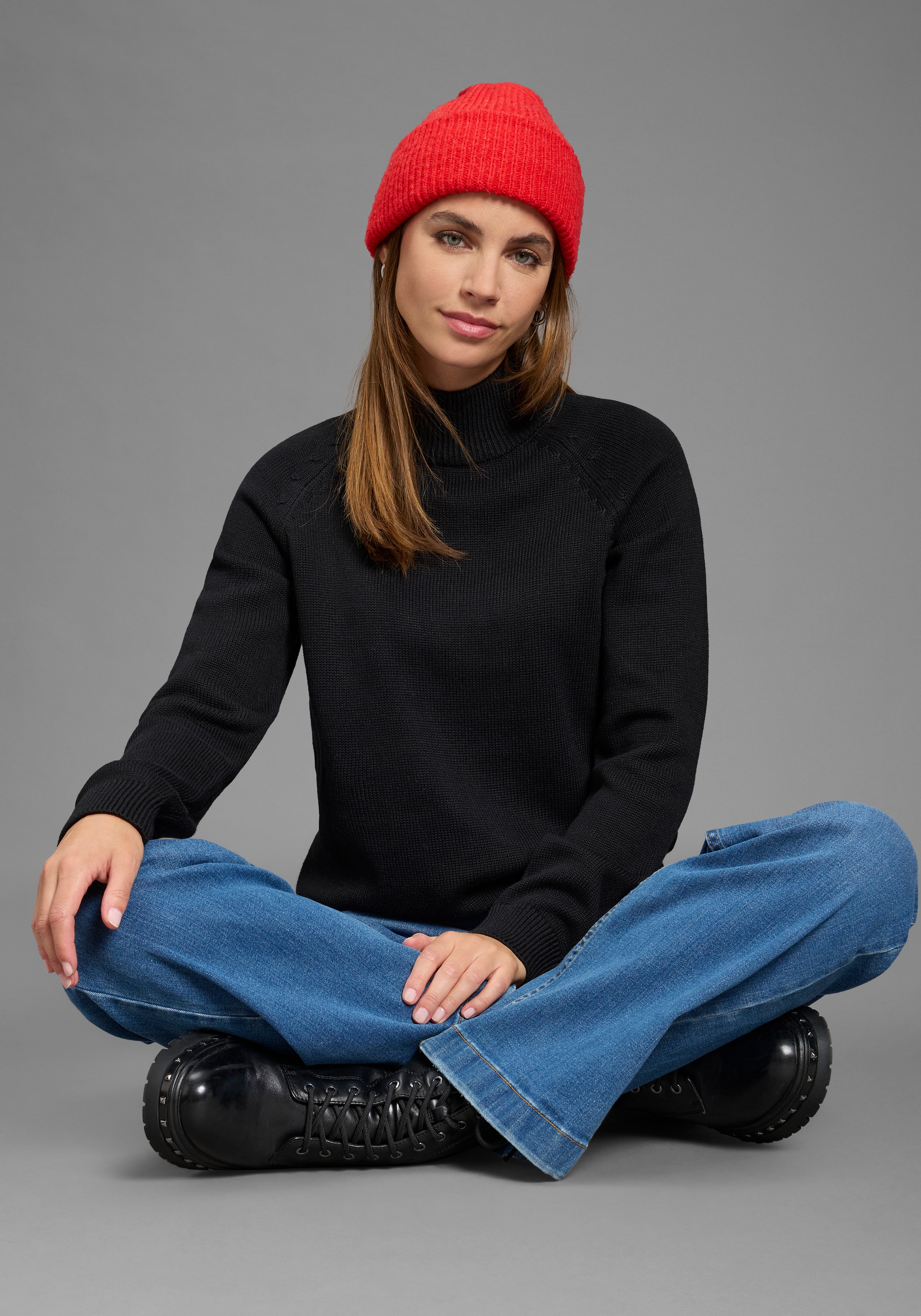Arizona Pull en tricot »Rolli unifarbend« avec motif tricot grossier et col roulé