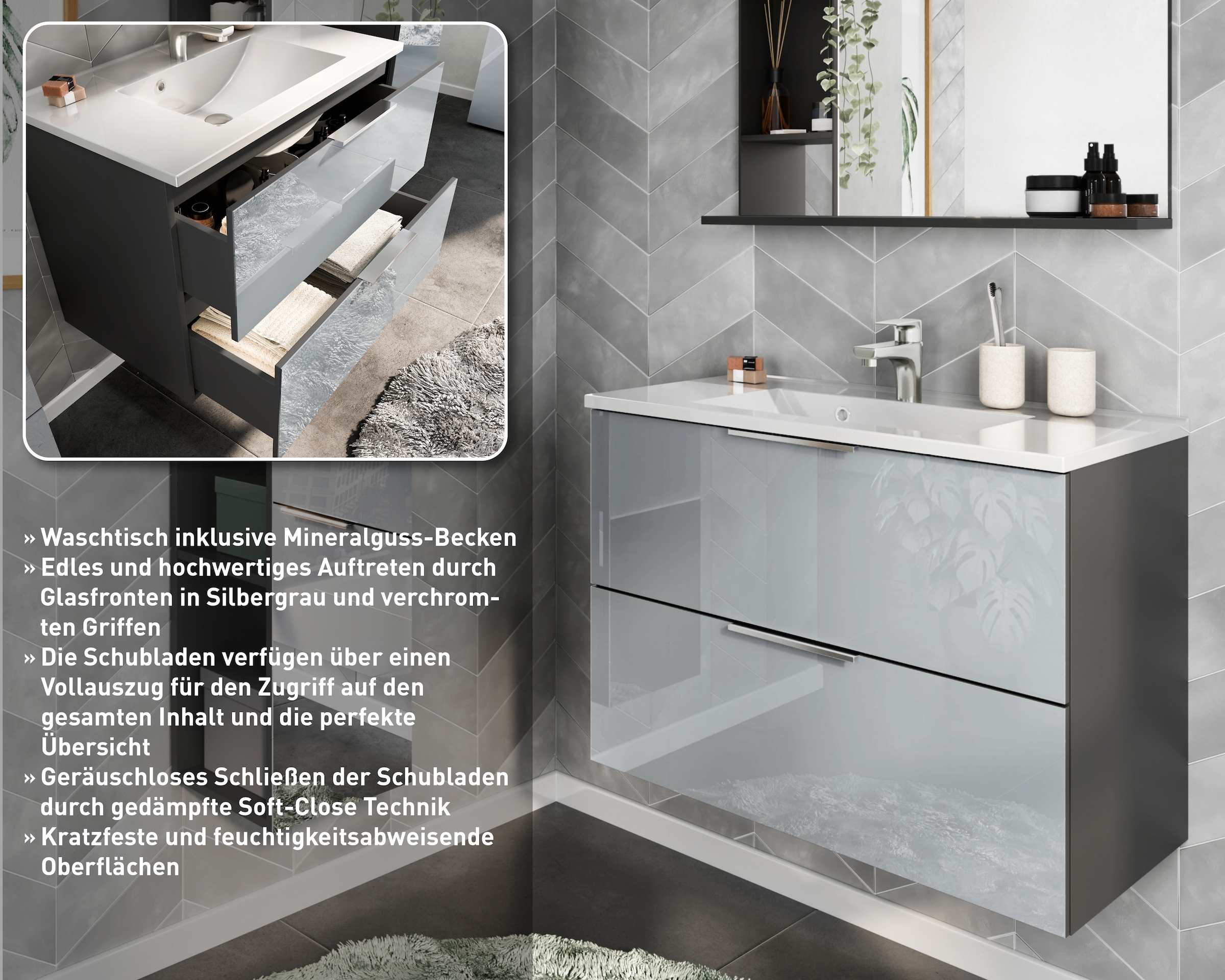 GERMANIA Waschtisch »Oakland«, inkl. Mineralguss-Becken in weiss oder schwarz, mit 2 Schubladen