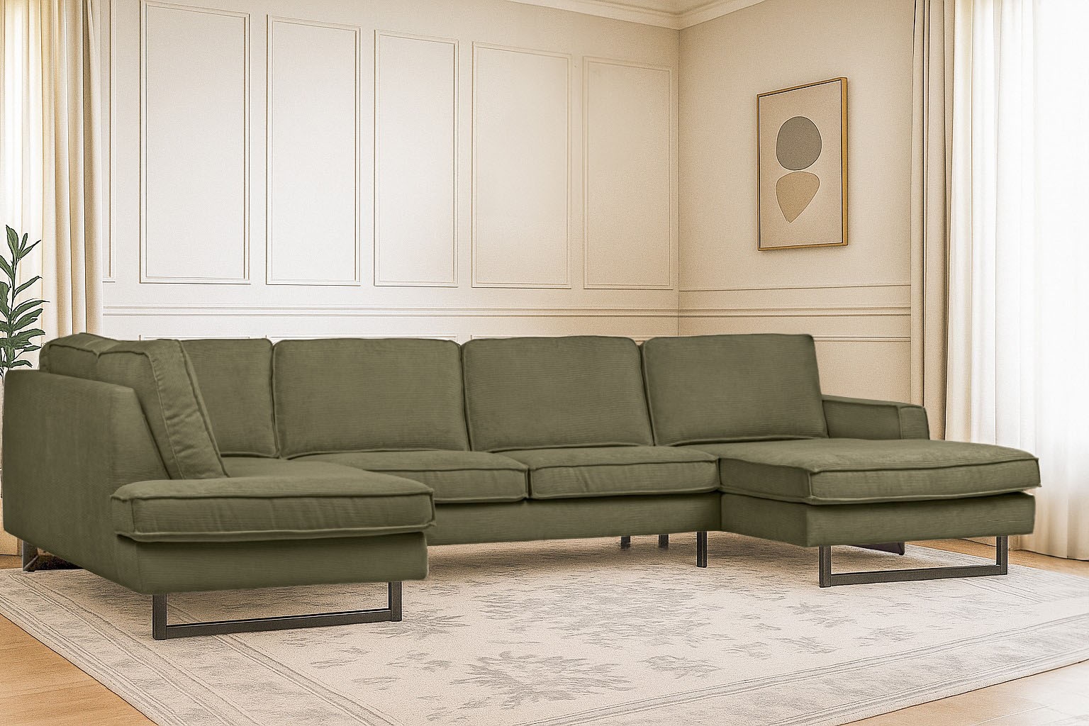 Image of Home affaire Wohnlandschaft "Pinto, 350 cm, U-Form, XXL, mit Ottomanen" Cord, Chenille, Lederoptik, mit Keder, Metallfüsse, Wellenunterfederung