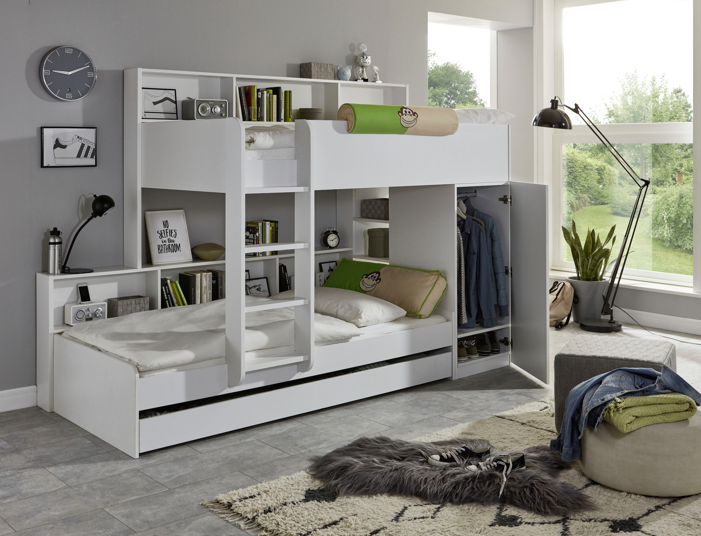 Relita Lit superposé 2 couchages, armoire, étagères et tiroir-lit