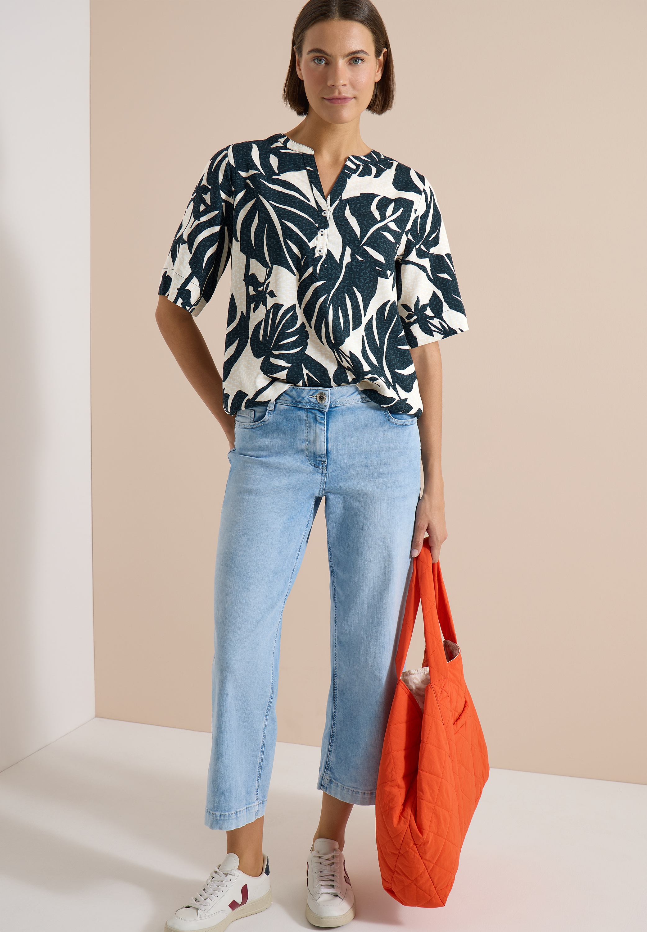 Cecil Shirtbluse Kurzarm Sommerbluse mit Split Neck