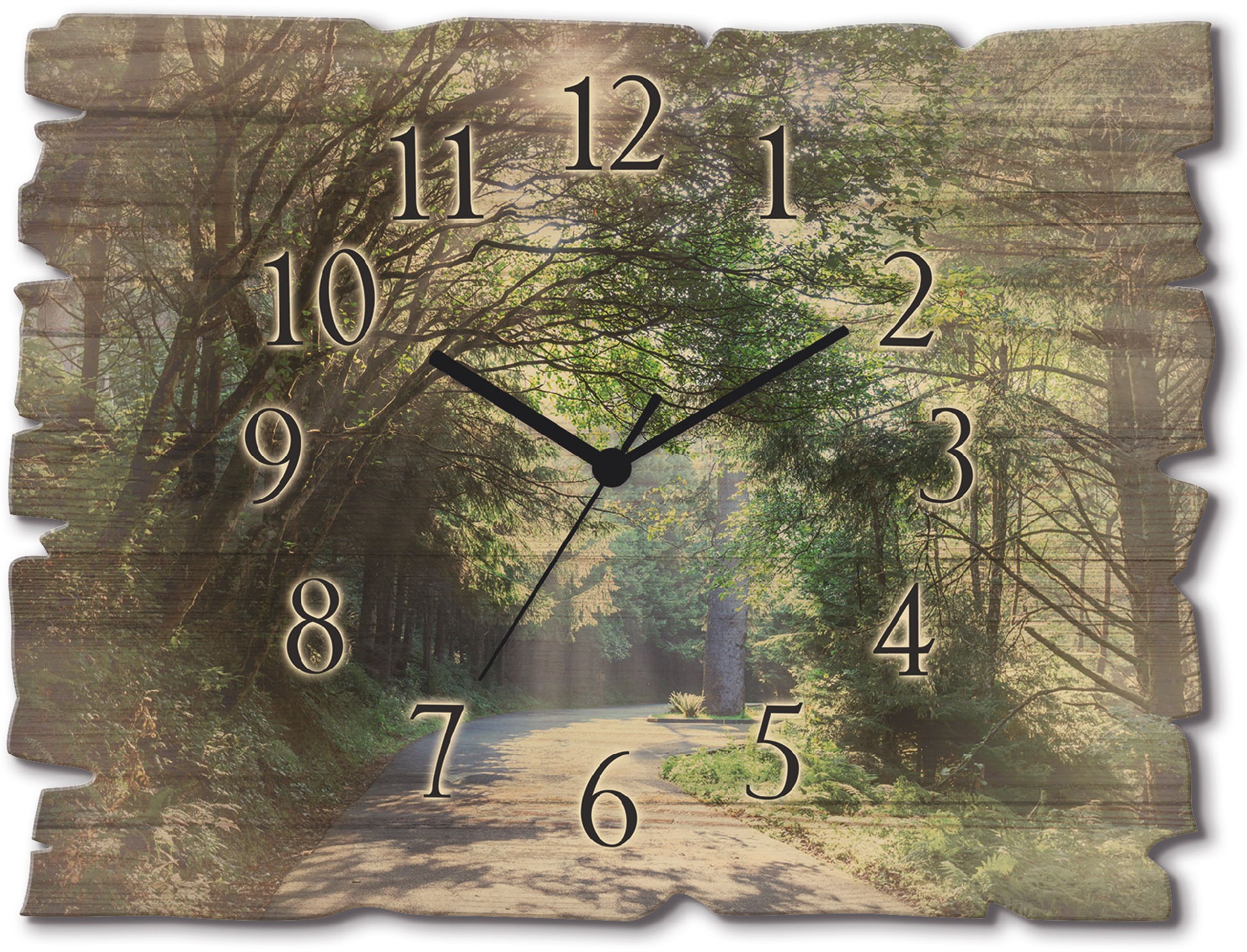 Image of Artland Wanduhr »Holzuhr Sonniger Wald«, in vielen Grössen & Produktarten - Alubild / Outdoorbild für den Aussenbereich, Leinwandbild, Poster, Wandaufkleber / Wandtattoo auch für Badezimmer geeignet bei Ackermann Versand Schweiz