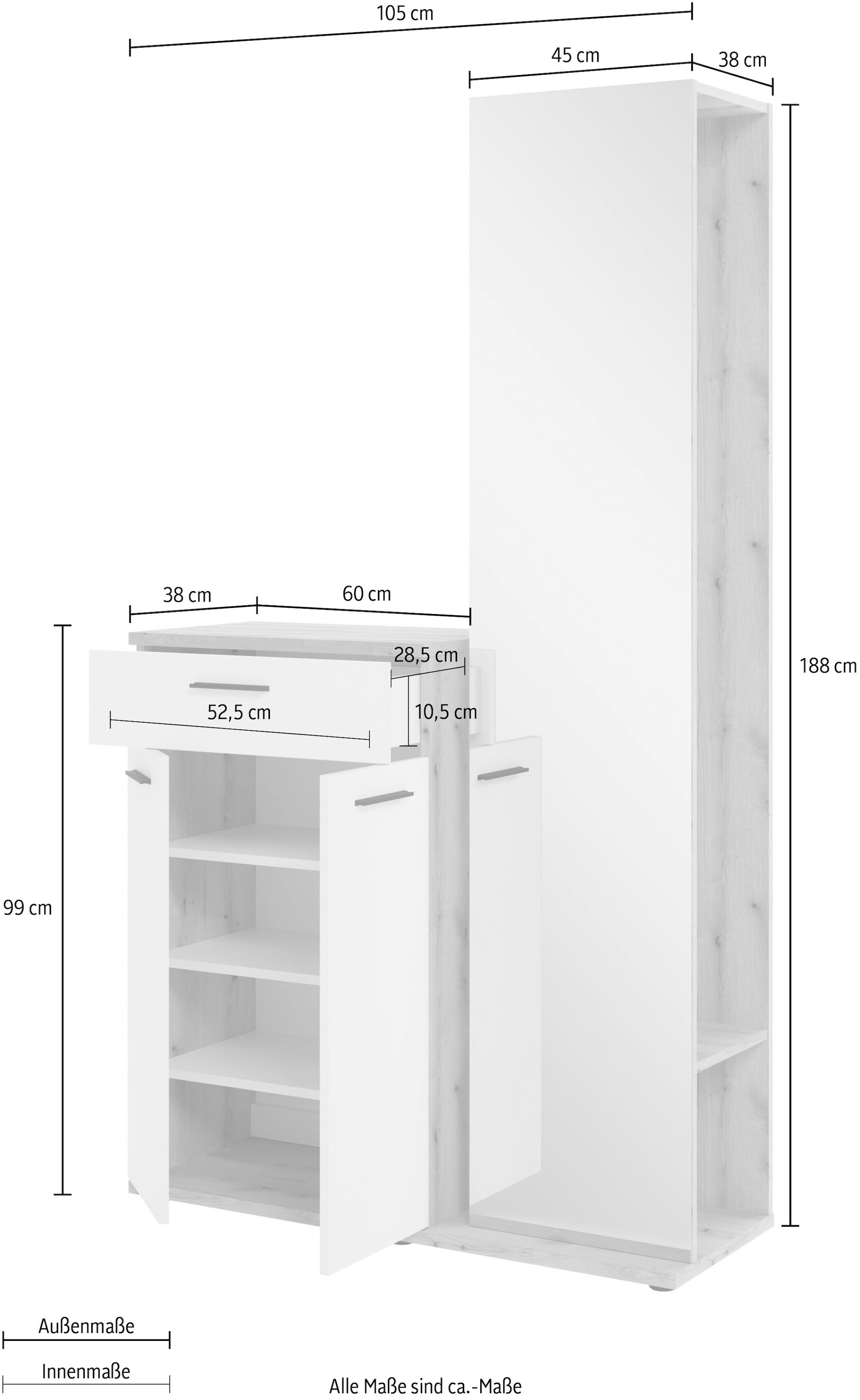 HBZ Garderoben-Set »Kompaktgarderobe, BxHxT 105x188x38 cm mit Spiegel«, (2 St.), Breite 105cm, Softclose, Melaminbeschichtet