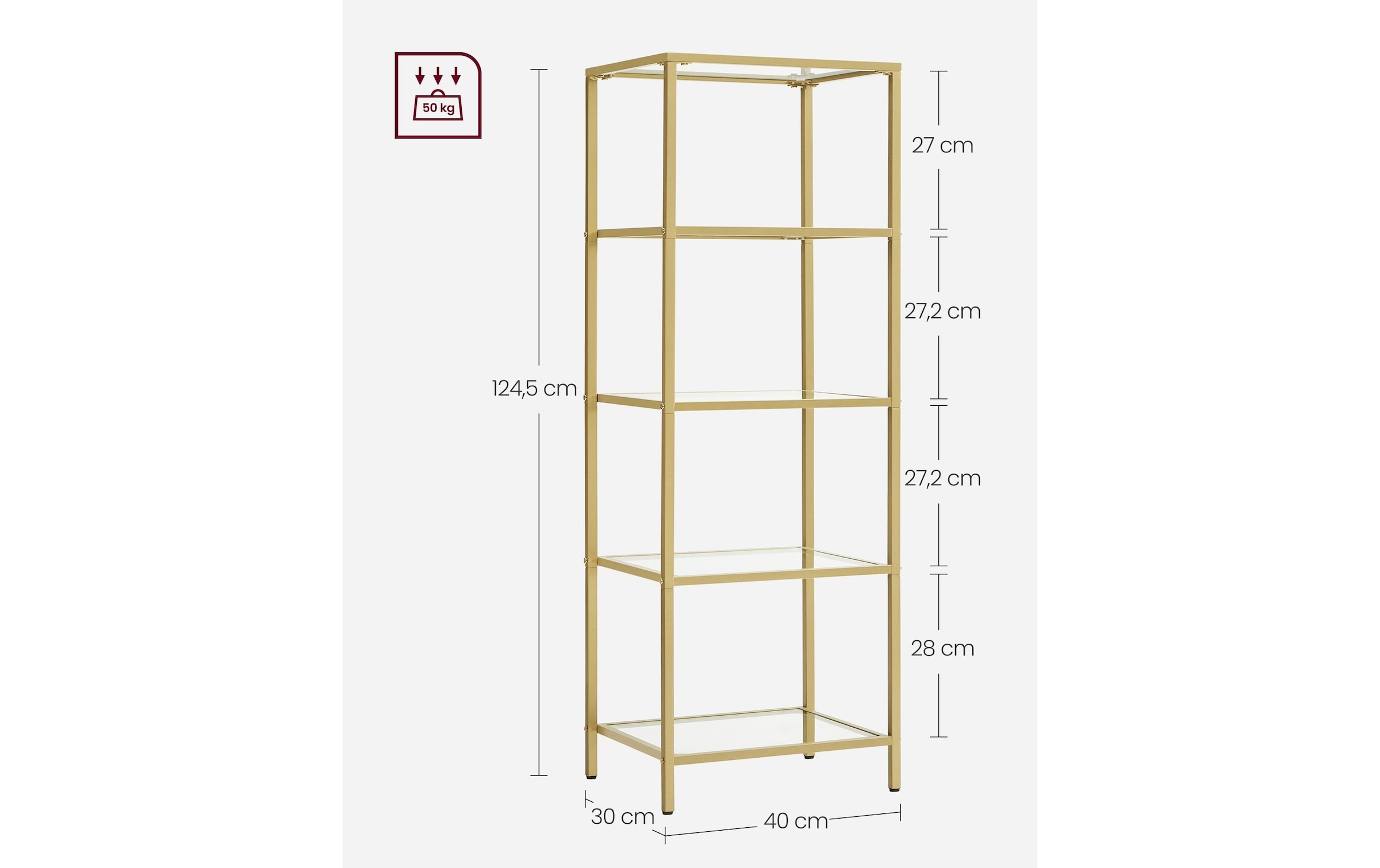 VASAGLE Regal »30 cm x 124.5 cm, Goldfarben«
