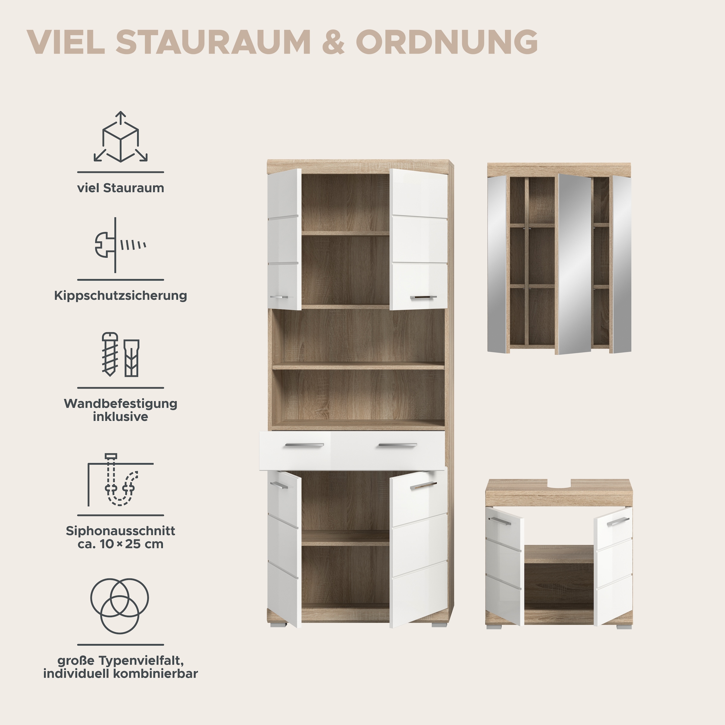 welltime Ensemble de meubles de salle de bain »SIENA, TOPSELLER!, Breite 149cm, 3-teiliges Set« Set, bestehend aus: Hochschrank, Waschbeckenunterschrank & Spiegelschrank, 3 cuis tlg.