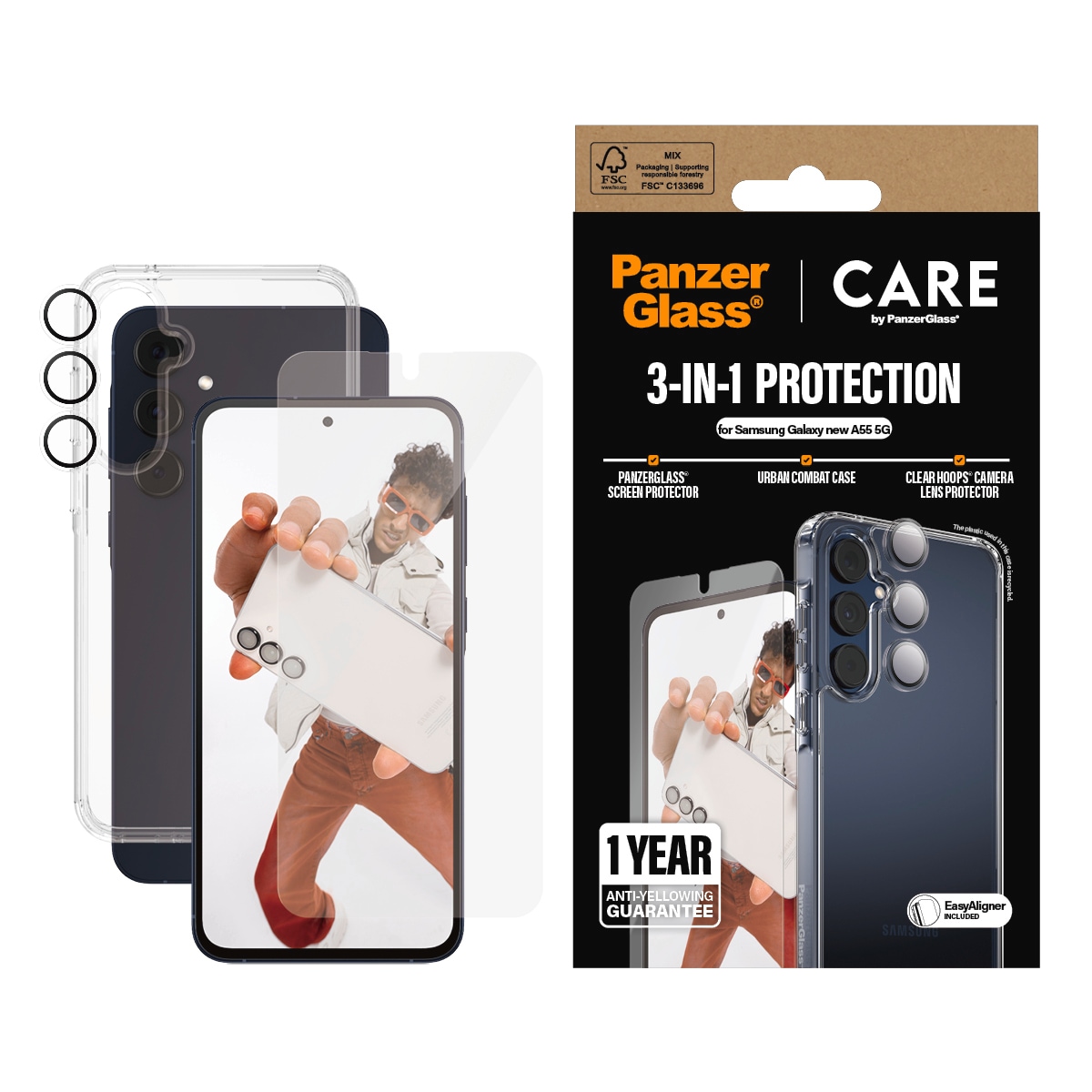 Image of CARE by PanzerGlass Displayschutzglas "3-in-1 Protection Urban Combat Case + Screen Protection + Hoops" für Samsung Galaxy A56 Displayschutzfolie, Schutzfolie, Bildschirmschutz, kratz- & stossfest