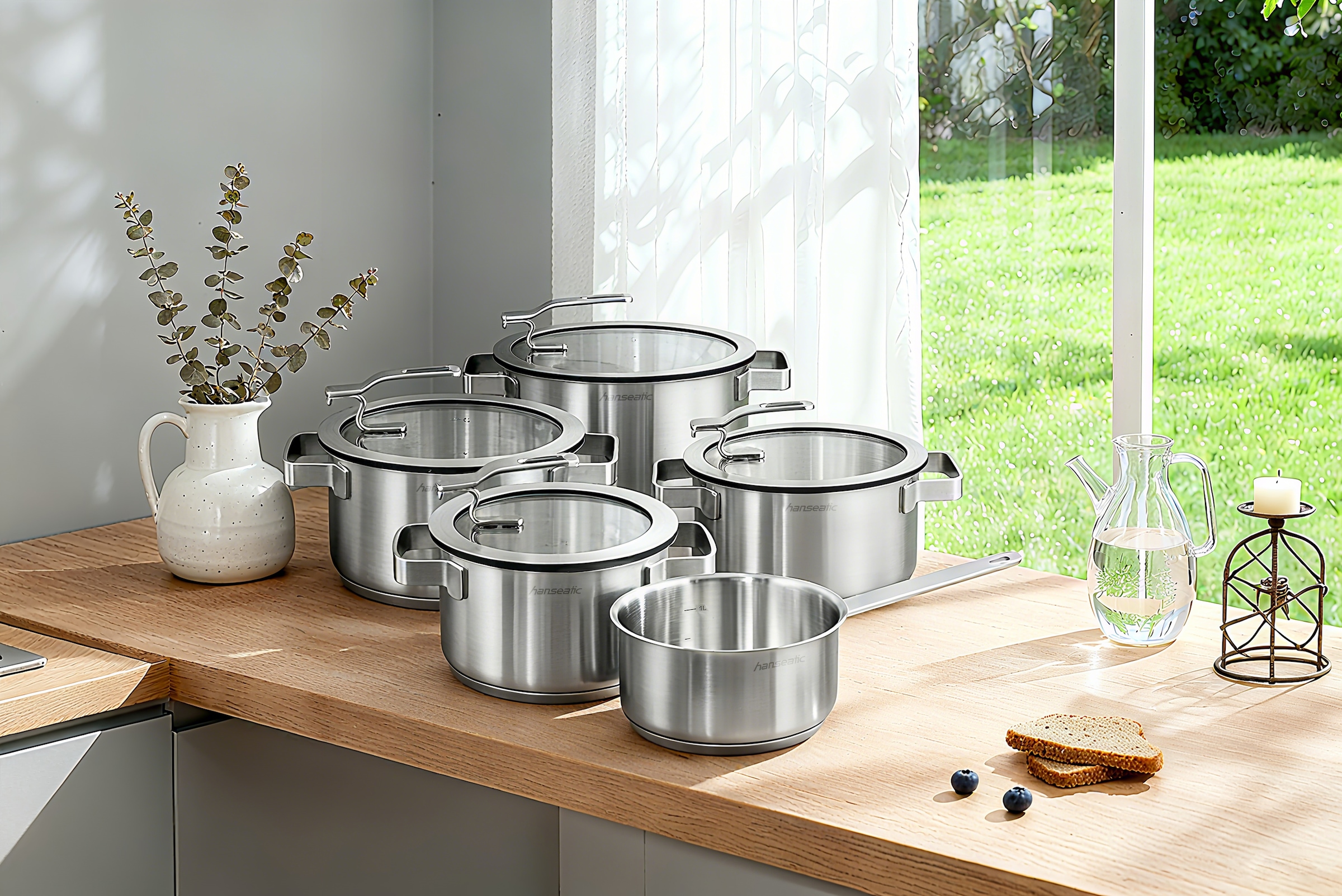 Hanseatic Topf-Set »STYLE«, Edelstahl 18/10, (Set, 9 tlg., Fleischtopf 1x 16 cm / 2x 20 cm / 1x 24 cm, Stielkasserolle 16 cm), Deckel mit praktischer Aufhänge-Funktion, Induktion