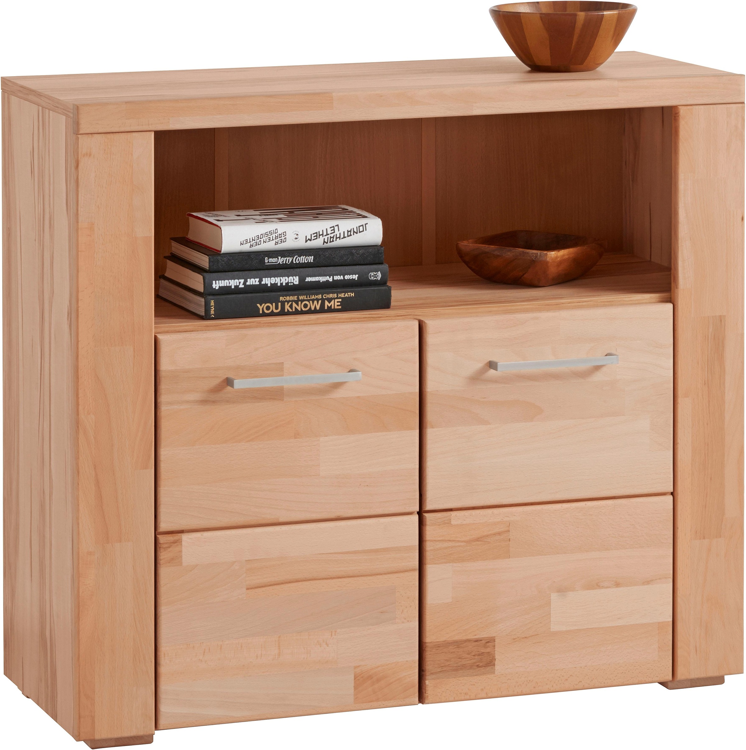 OTTO home Kommode "Celle, 90cm breit, 35cm tief, Fronten Massivholz" Holz massiv, Holzwerkstoff, Metall Griffe,3 breite Fächer