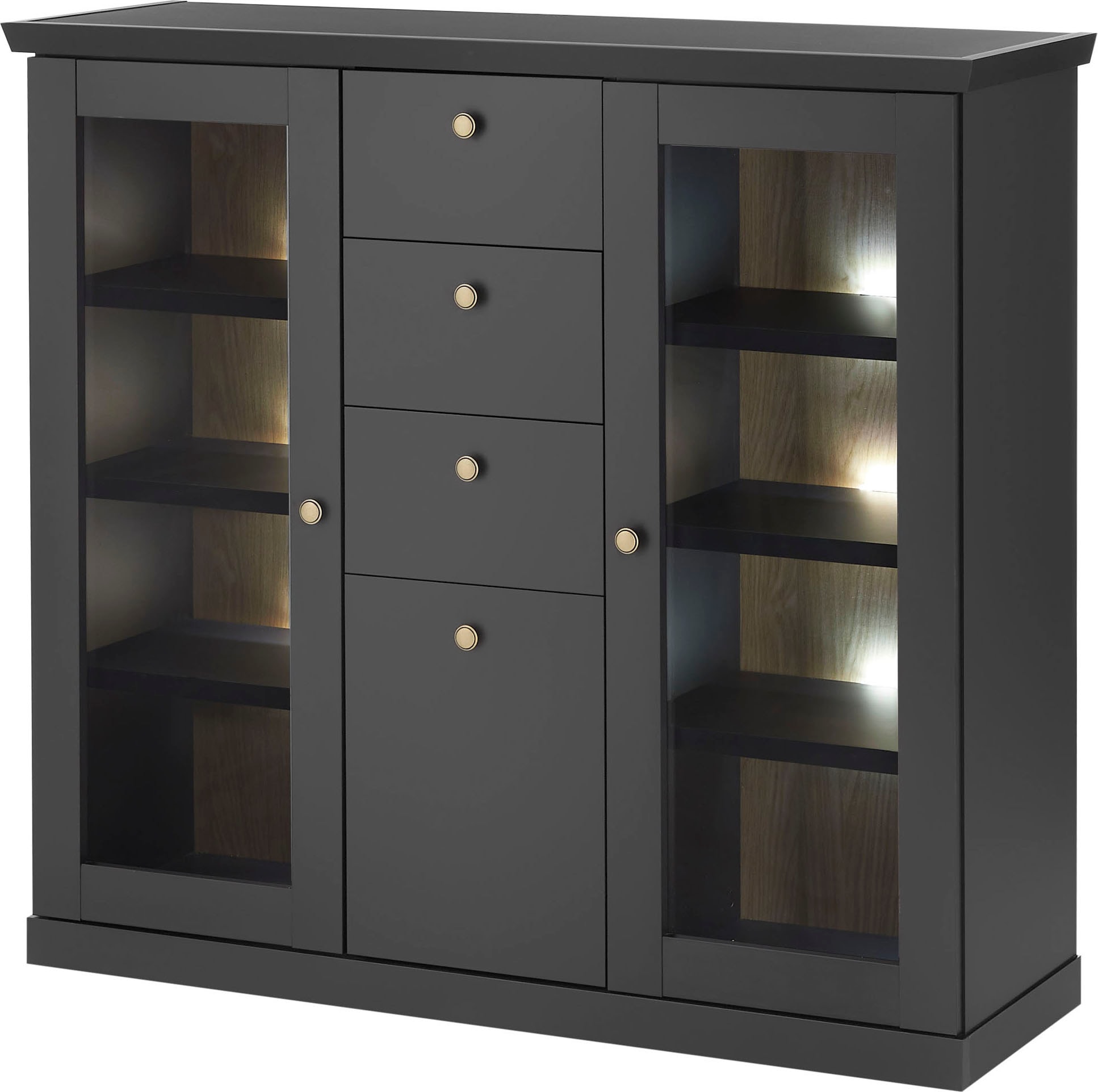 Home affaire Highboard »Lincoln, moderner Schrank, schwarzer Stauraumschrank, 129 cm breit« edles Design, messingfarbene Knopfgriffe, vielseitig einsetzbar