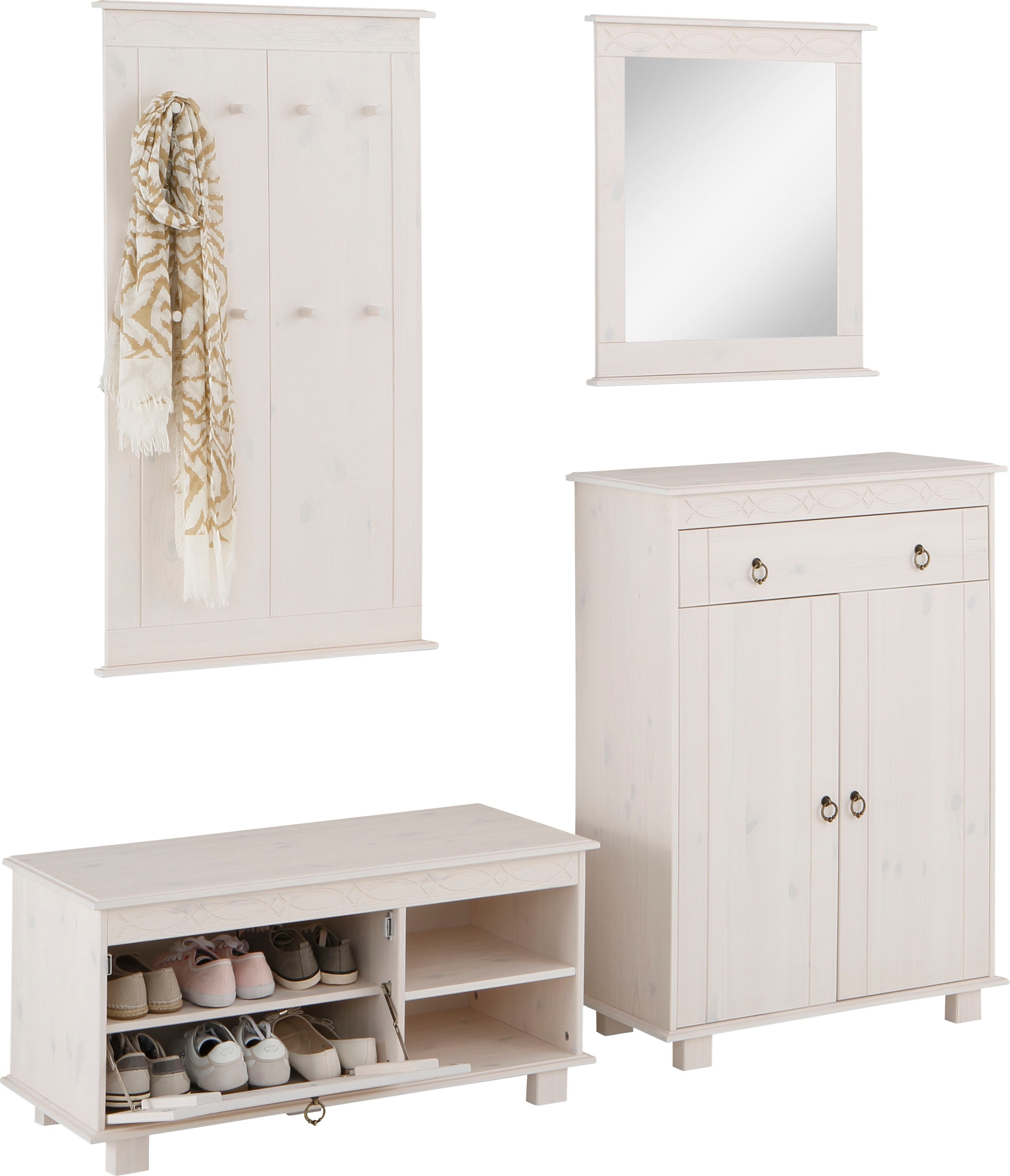 Home affaire Garderoben-Set »Indra«, (Set, 4 St.), 4-tlg. Set: Schuhbank, Paneel, Spiegel, Kommode, Kiefer massiv