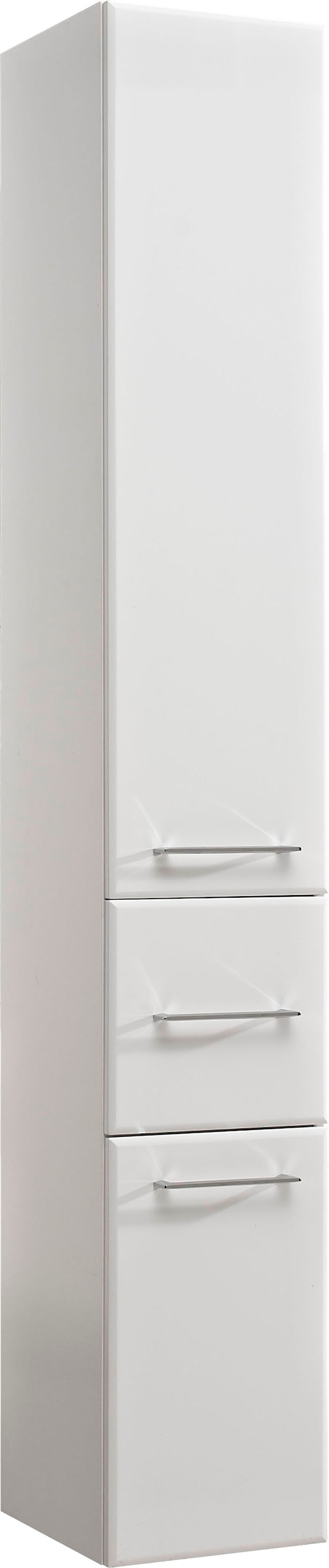 Image of Saphir Hochschrank "Quickset 376 Badschrank 30 cm breit, 2 Türen, 1 Schublade" Badezimmer-Hochschrank, Weiss Hochglanz, Griffe in Chrom glänzend