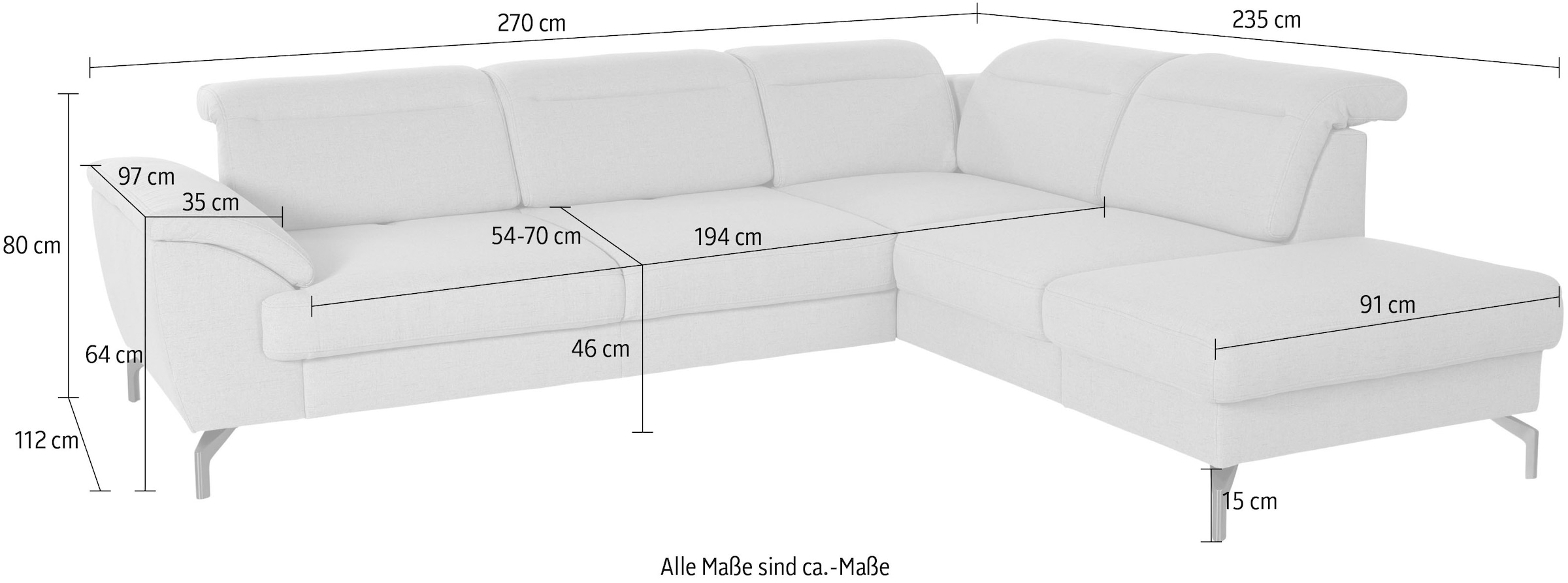sit&more Ecksofa »Percy L-Form«, 15 cm Fusshöhe, Sitztiefenverstellung, wahlweise in 2 Fussfarben