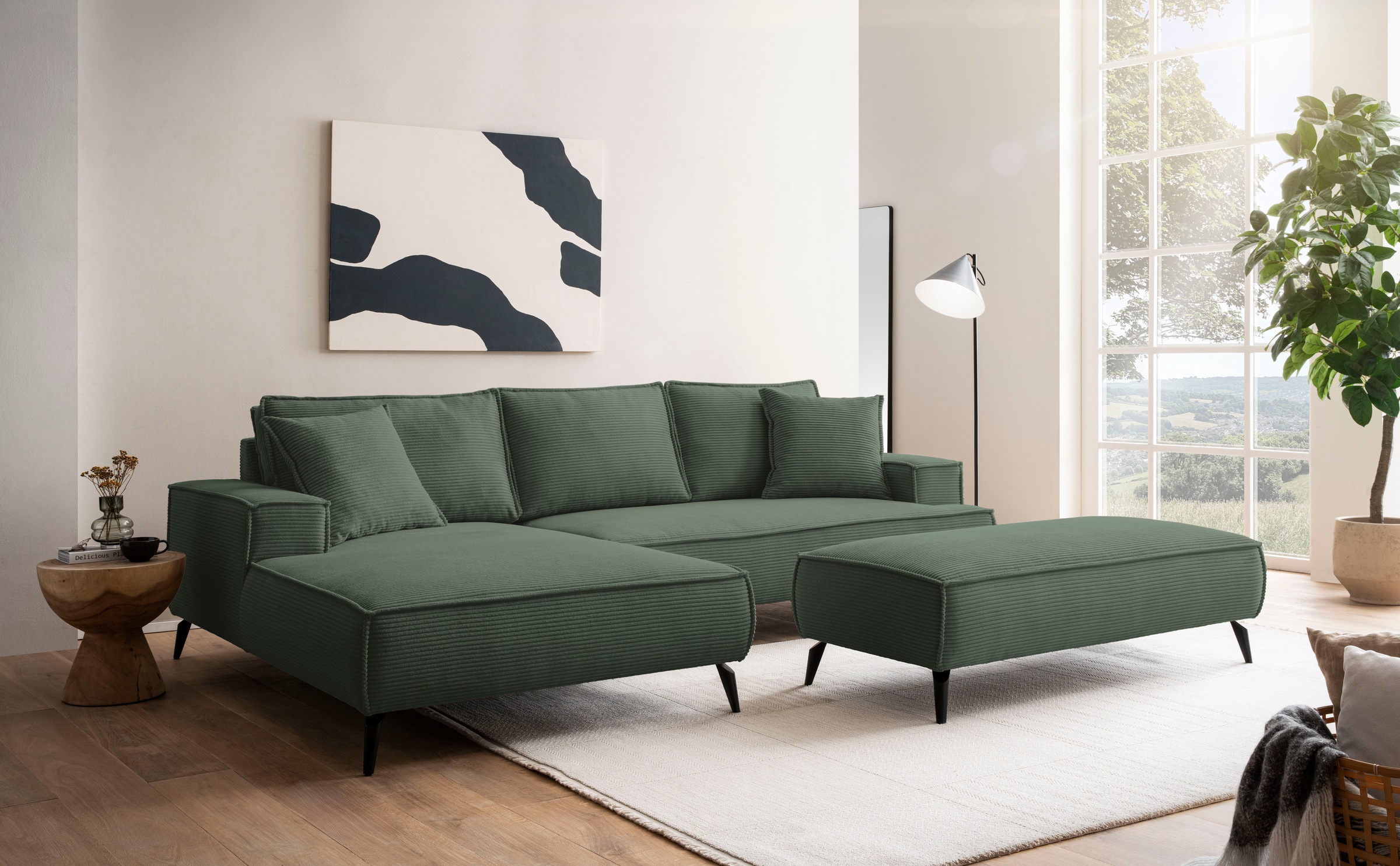 andas Ecksofa »TVINNU, L-Form, 275cm, in Cord und Flachgewebe«, wahlweise Recamiere rechts/links, schwarze Füsse, bequemer Sitzkomfort