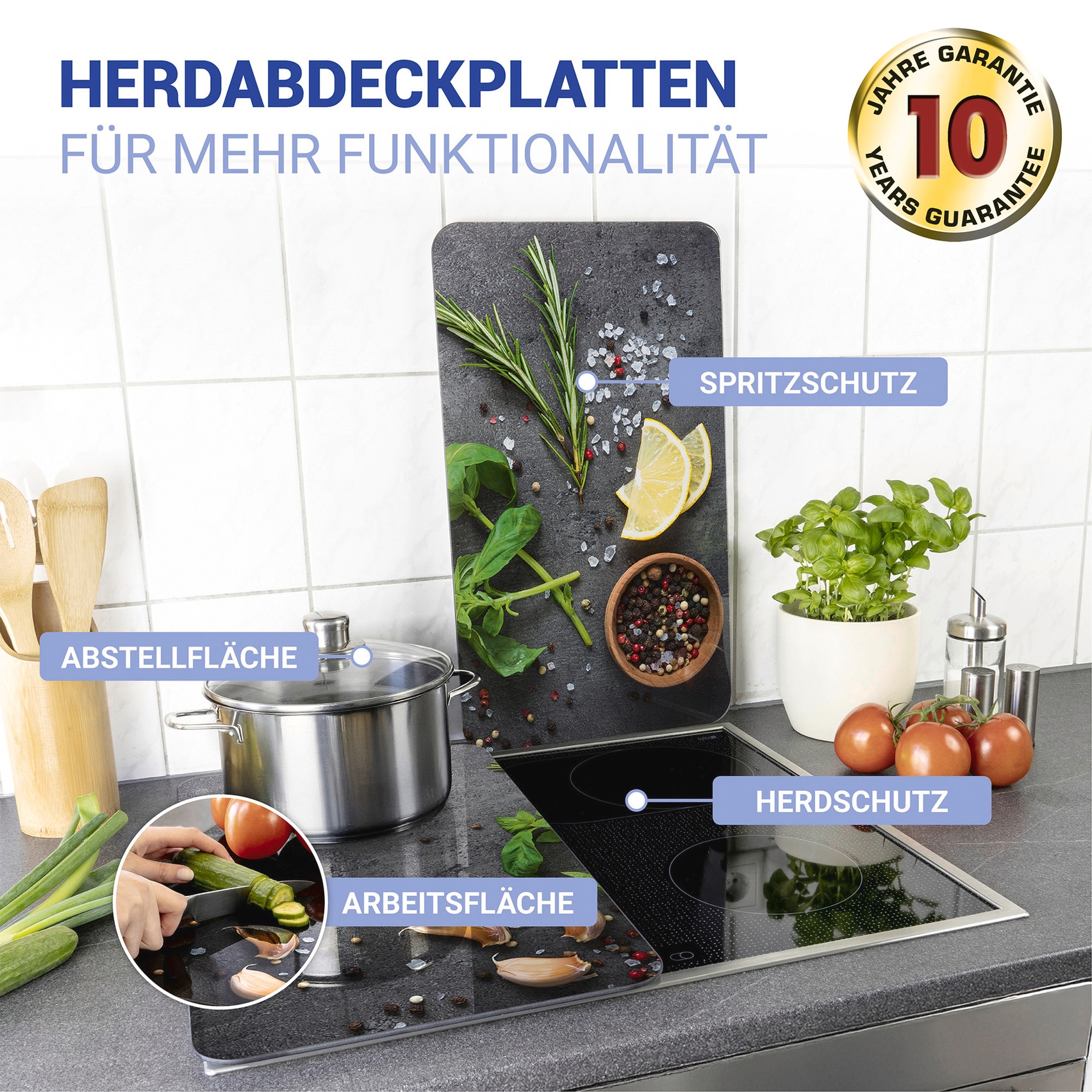 WENKO Plaque de recouvrement de la cuisinière »Universal Modell Kräuter« Herdabdeckung für alle Herdarten, kratzfest, mit rutschfesten Füssen