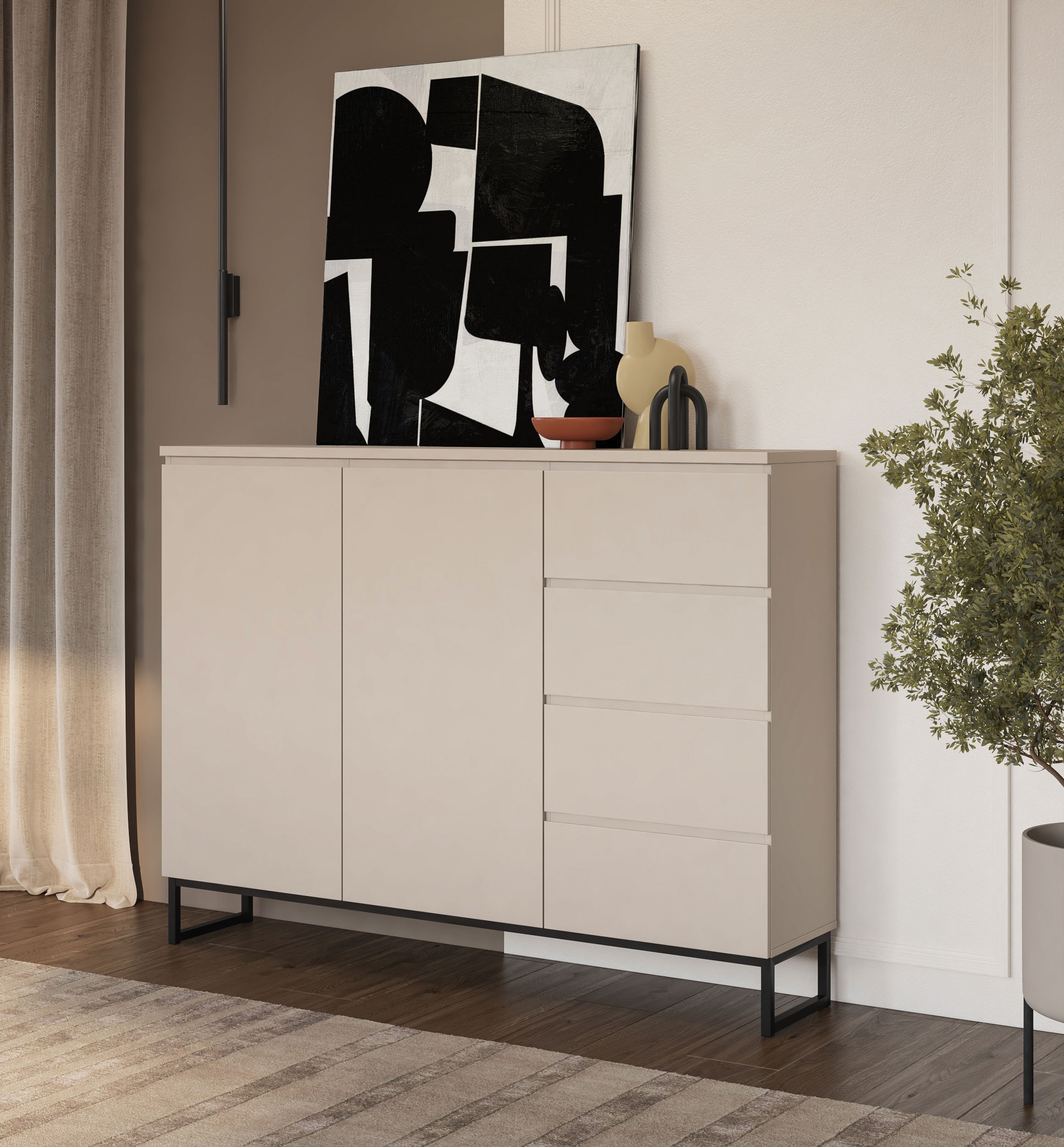 GOODproduct Sideboard »Modo II, Breite 150 cm, moderne grifflose Kommode 2Türen/4 SK« Schubladenschrank viel Stauraum, Einlegeböden verstellbar, Metallkufen