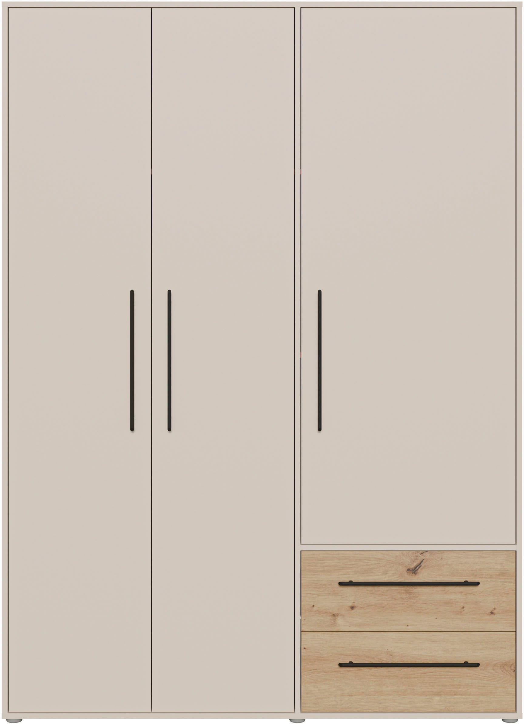 FORTE Kleiderschrank »Mokkaris , Garderobe, zeitloses Design, 3 Türen, Made in Europe« B/H/T ca. 144x200x59cm,  Zwei Schubladen, schwarze Stangengriffe, Stauraum, auch in Schwarz
