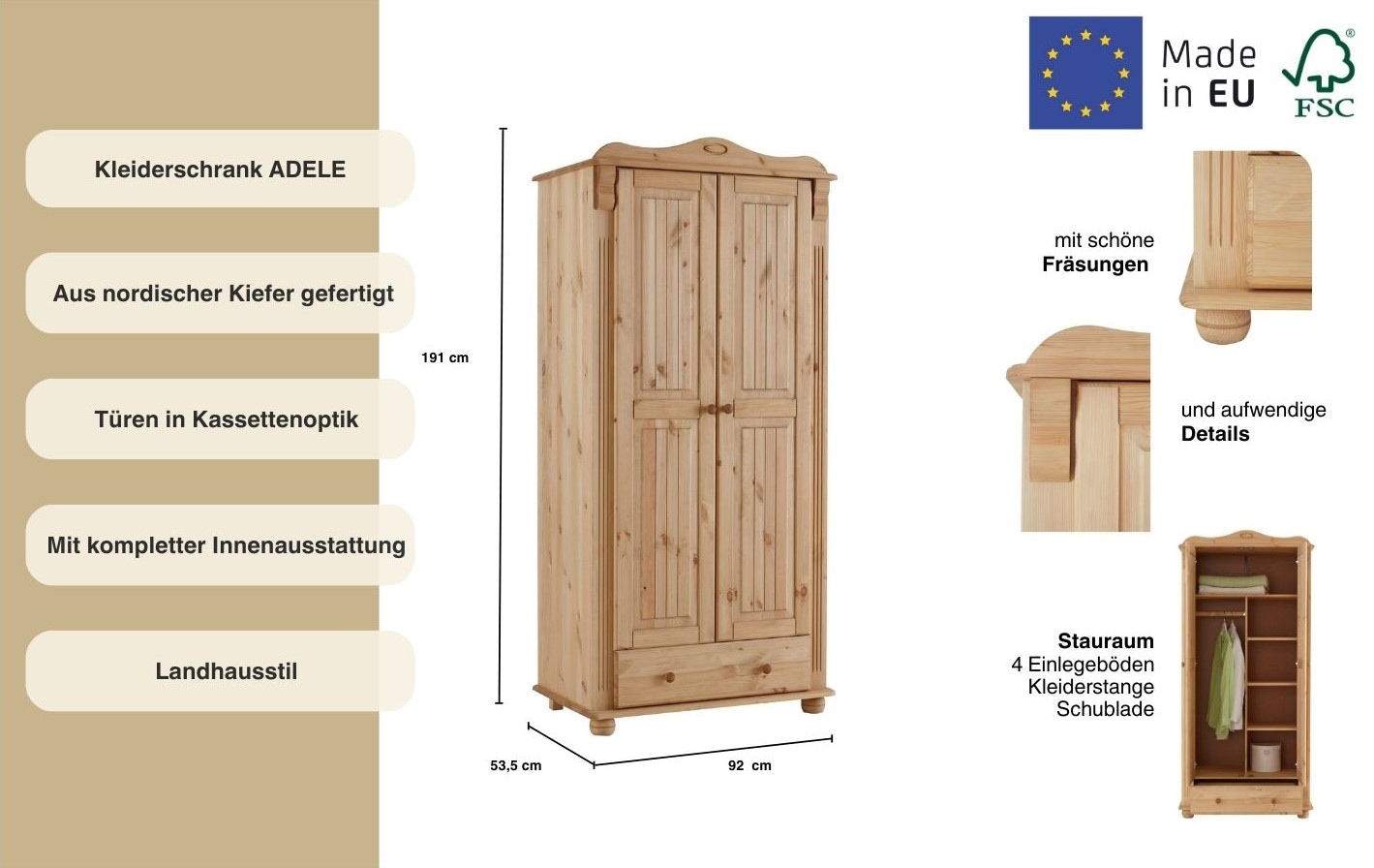 GOODproduct »Adele« 4 Breiten: 92/130/169/207  H/T ca. 191/54 cm,  aus massiver Kiefer,Spiegel beim 4-und 5-trg.Schrank, Innenausstattung