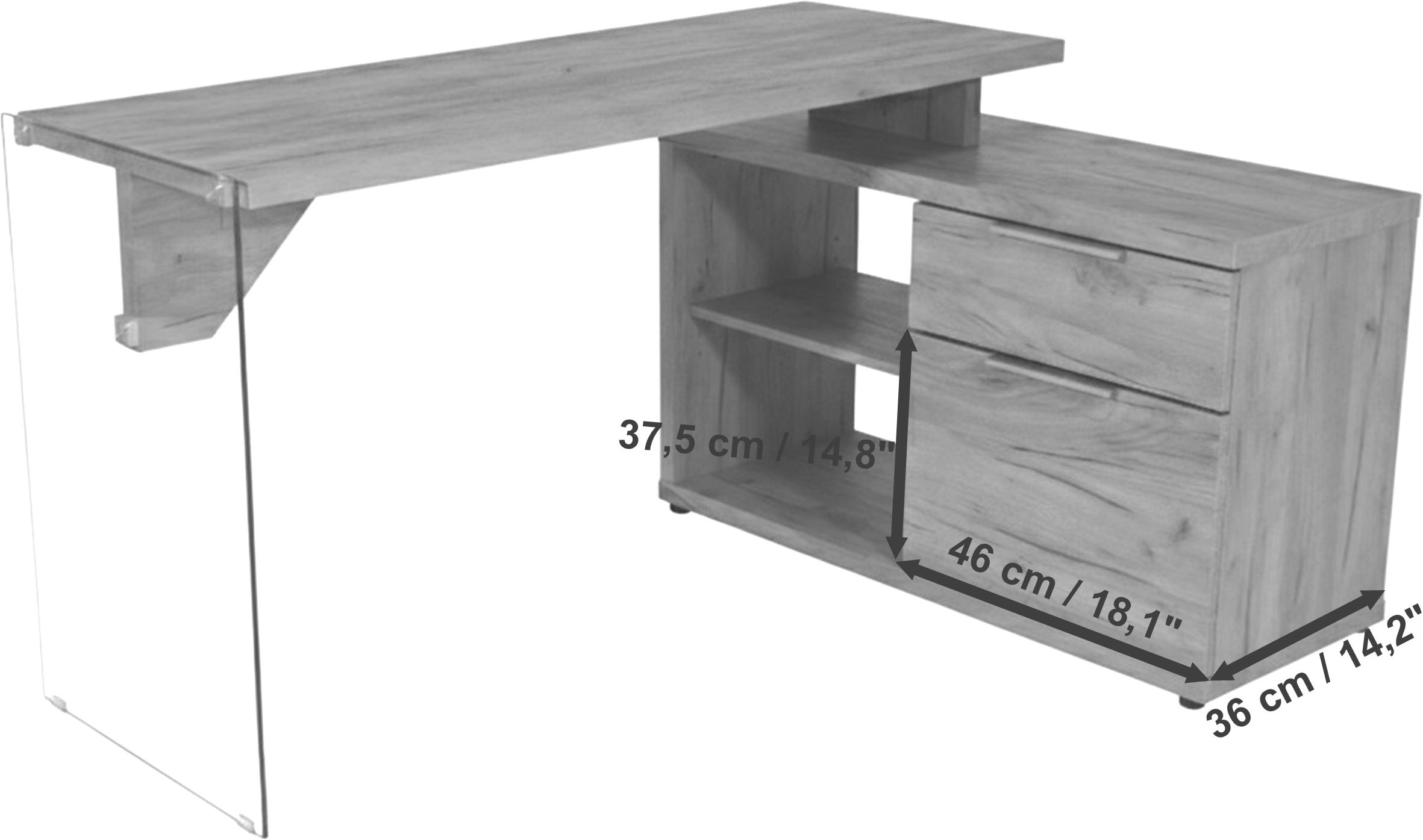 Jahnke Bureau d'angle »LUX C 135 E« bureau d'angle, montage réversible, verre, 1 tiroir et 2 compartiments