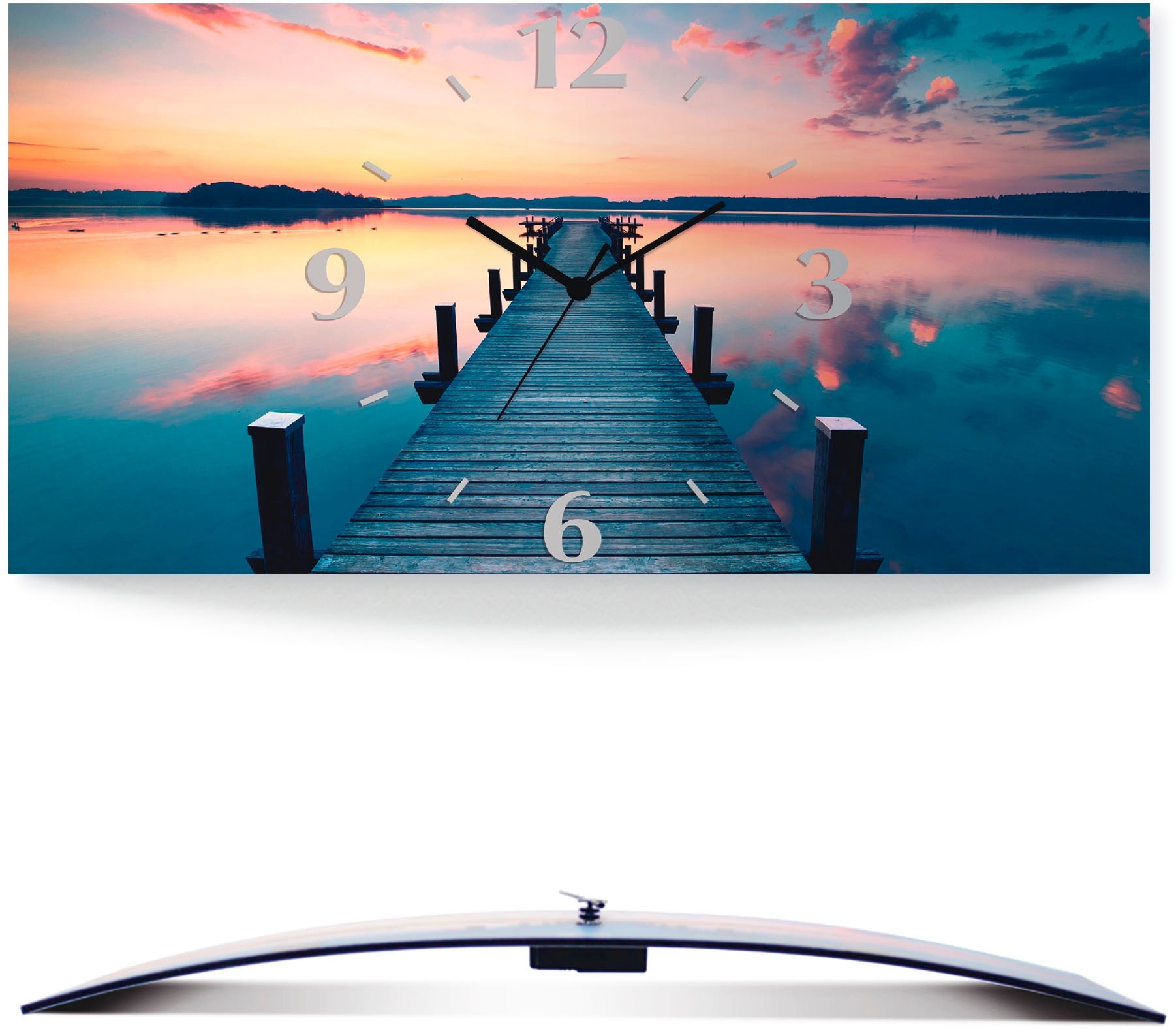 Image of Artland Wanduhr »Langer Pier am See im Sonnenaufgang«, 3D Optik gebogen, lautlos, ohne Tickgeräusche, nicht tickend, geräuschlos - wählbar: Funkuhr o. Quarzuhr, moderne Uhr für Wohnzimmer, Küche etc. - Stil: modern bei Ackermann Versand Schweiz