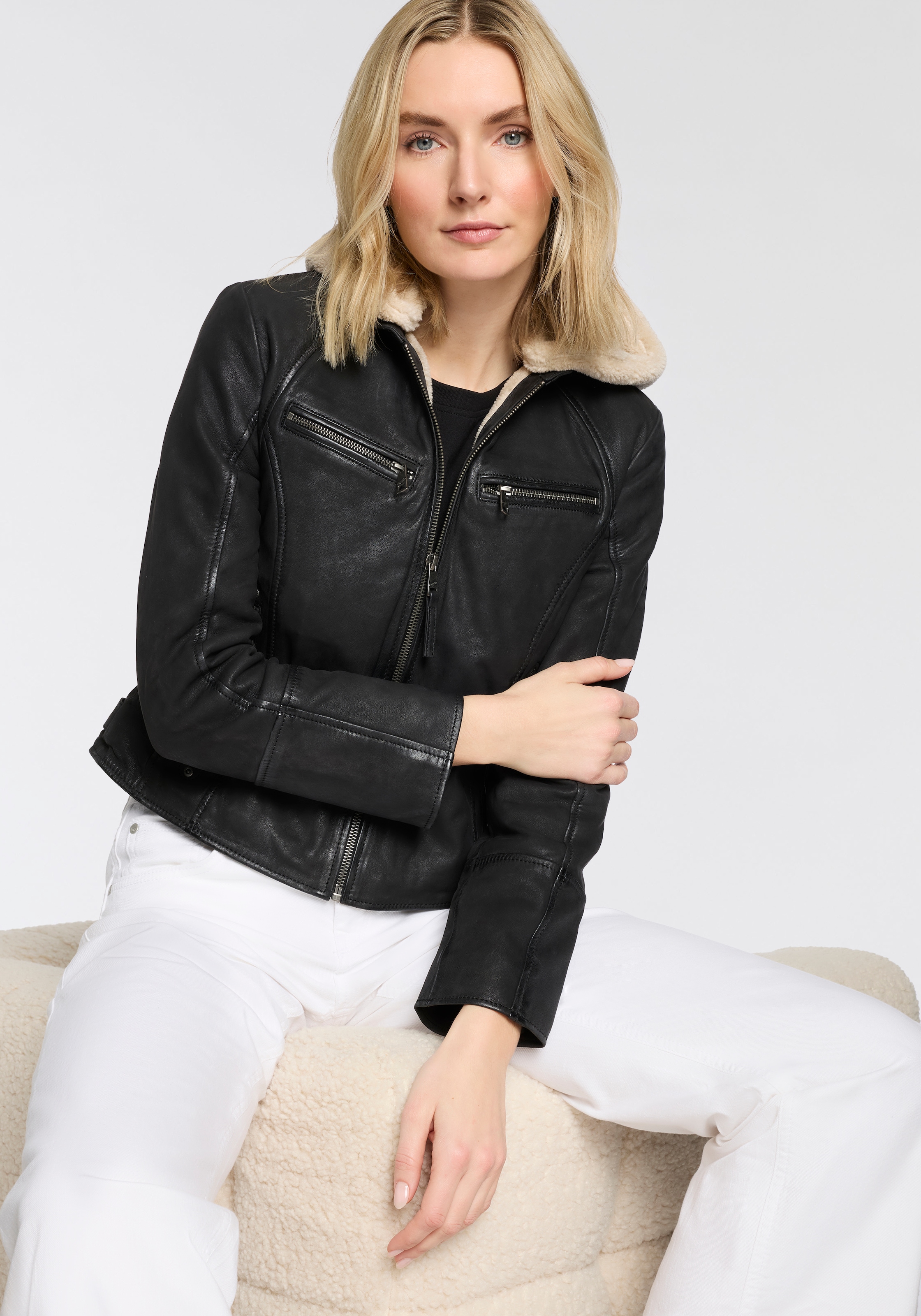 Mauritius Veste en cuir »MWNedra« mit Kapuze mit abknöpfbarer Teddyplüsch-Kapuze