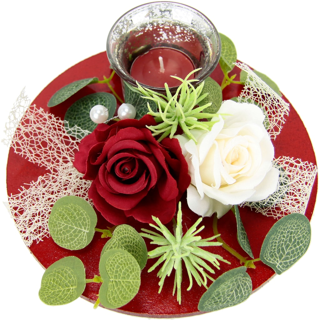 I.GE.A. Teelichthalter »Mit Glaseinsatz und Teelichtkerze, künstlichen Rosen Eukalyptus«, (1 St.)