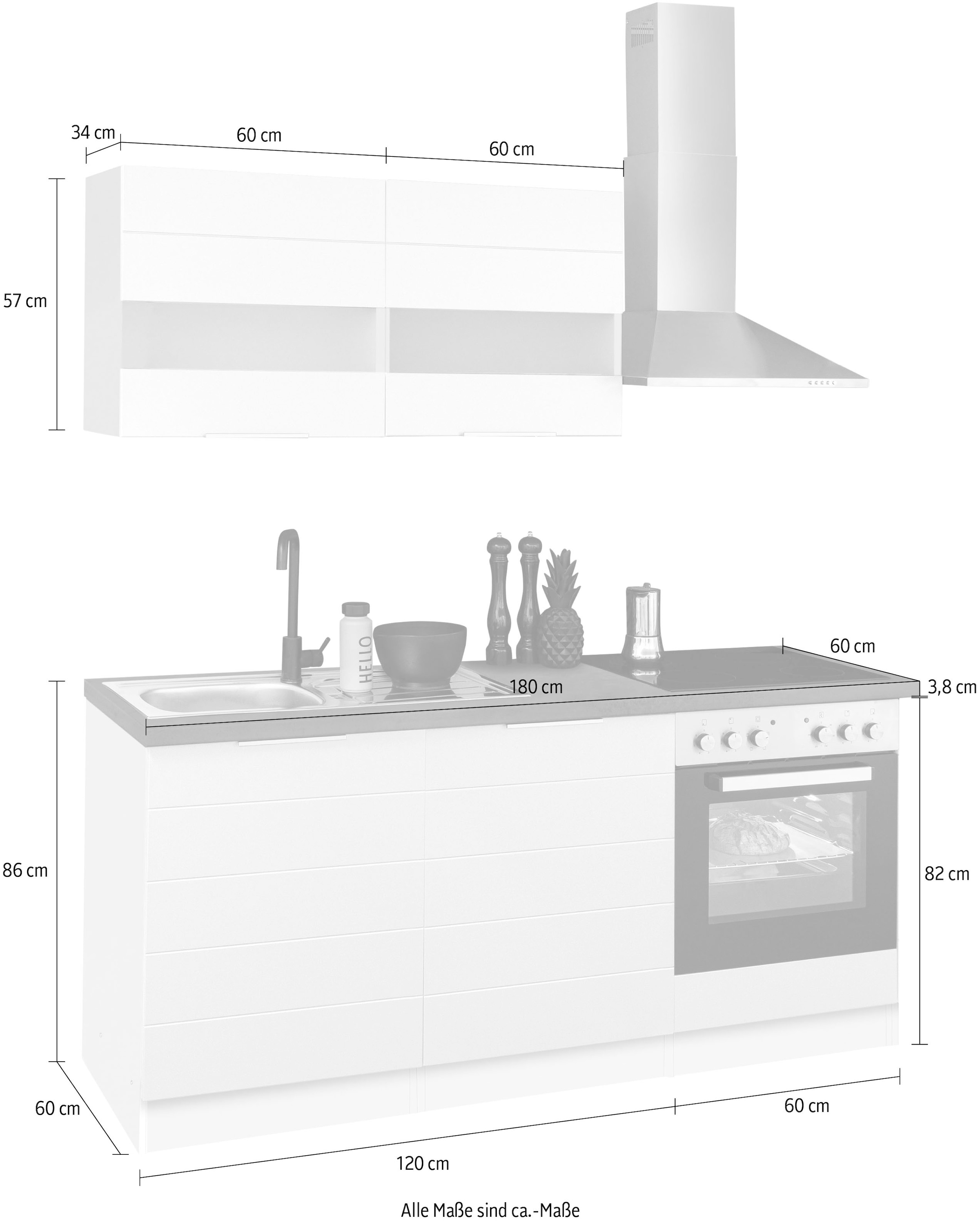 KOCHSTATION Kitchenette »KS-Luhe« 180 cm de large, avec ou sans appareils électriques, façades MDF fraisées