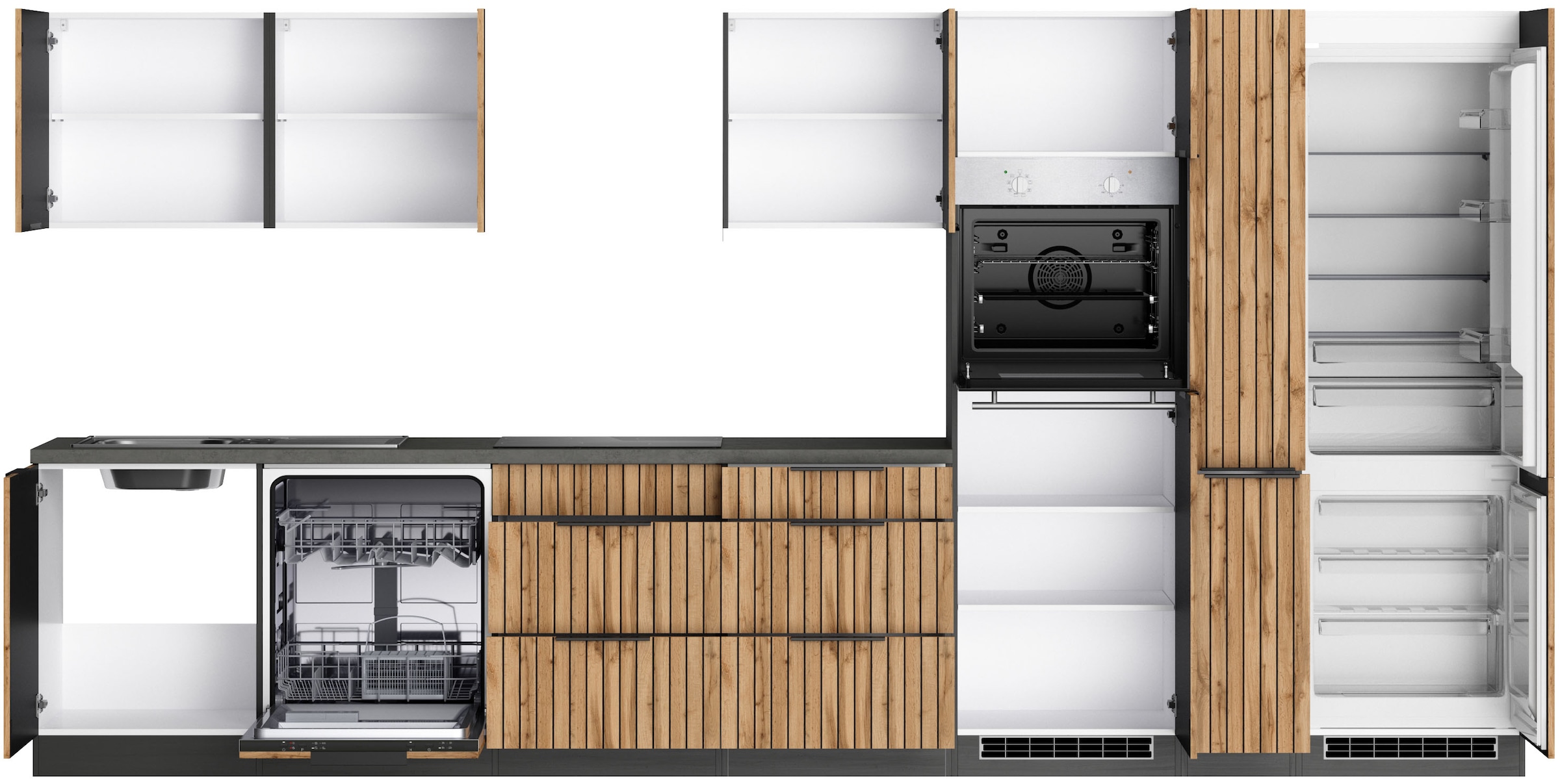 KOCHSTATION Kitchenette »KS-Lagos, Breite 390 cm, wahlweise mit E-Geräten« plaque de cuisson gaz ou induction, évier inox ou noir