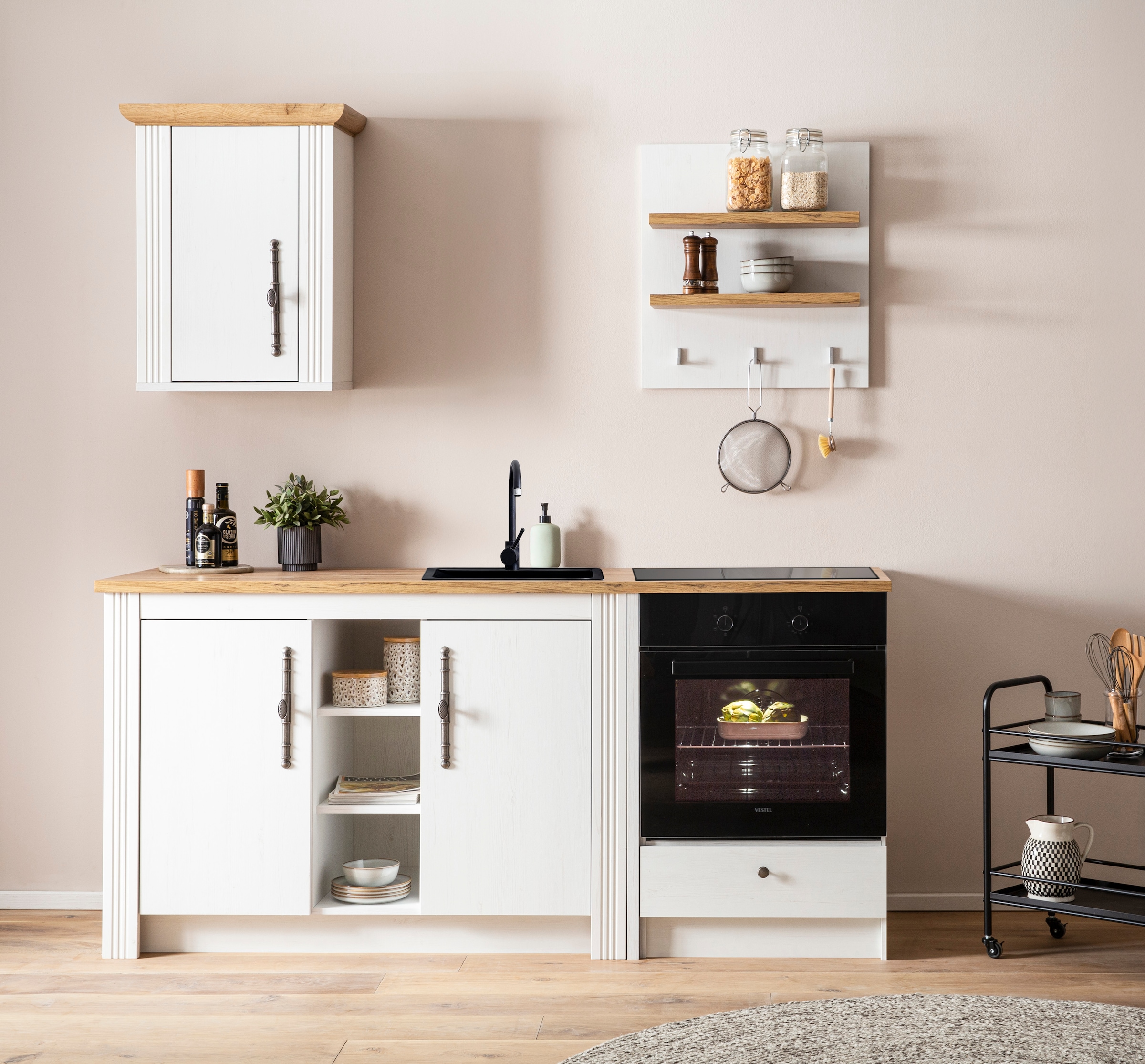 GOODproduct Küchenzeile »KS-Westminster, Pantryküche im Landhaus Stil, hochwertige Metallgriffe« Set,  Breite 194 cm, Kommode, Wandpaneel, Hängeschrank und Herdumbau