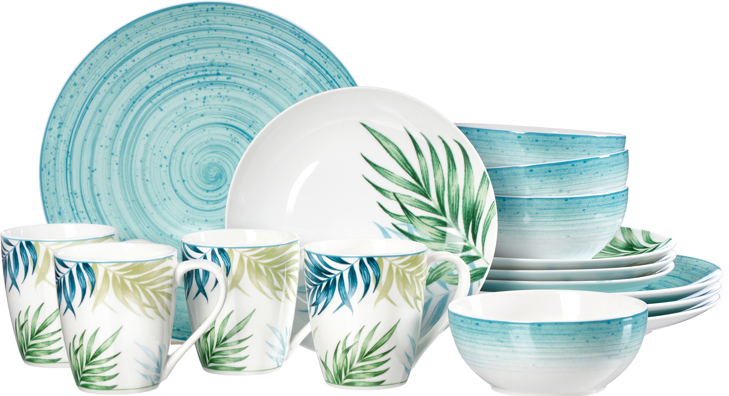 Image of Ritzenhoff & Breker Kombiservice »Aruba«, (Set, 16 tlg.), Palmblätter-Dekor im Mix mit meerblauen Teilen bei Ackermann Versand Schweiz