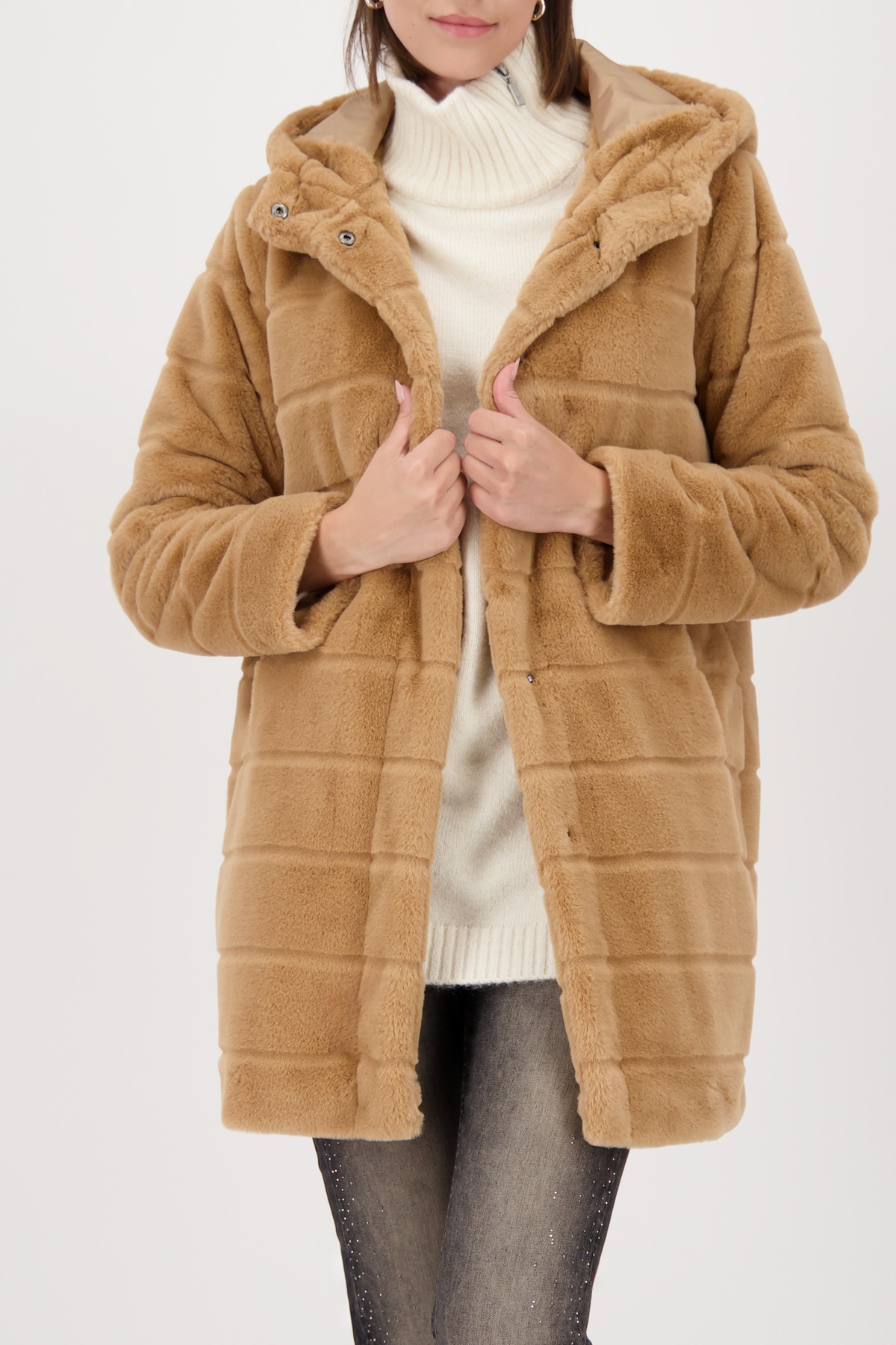 Image of Monari Fellimitatmantel Regular fit mit Rundhalsausschnitt und Kapuze