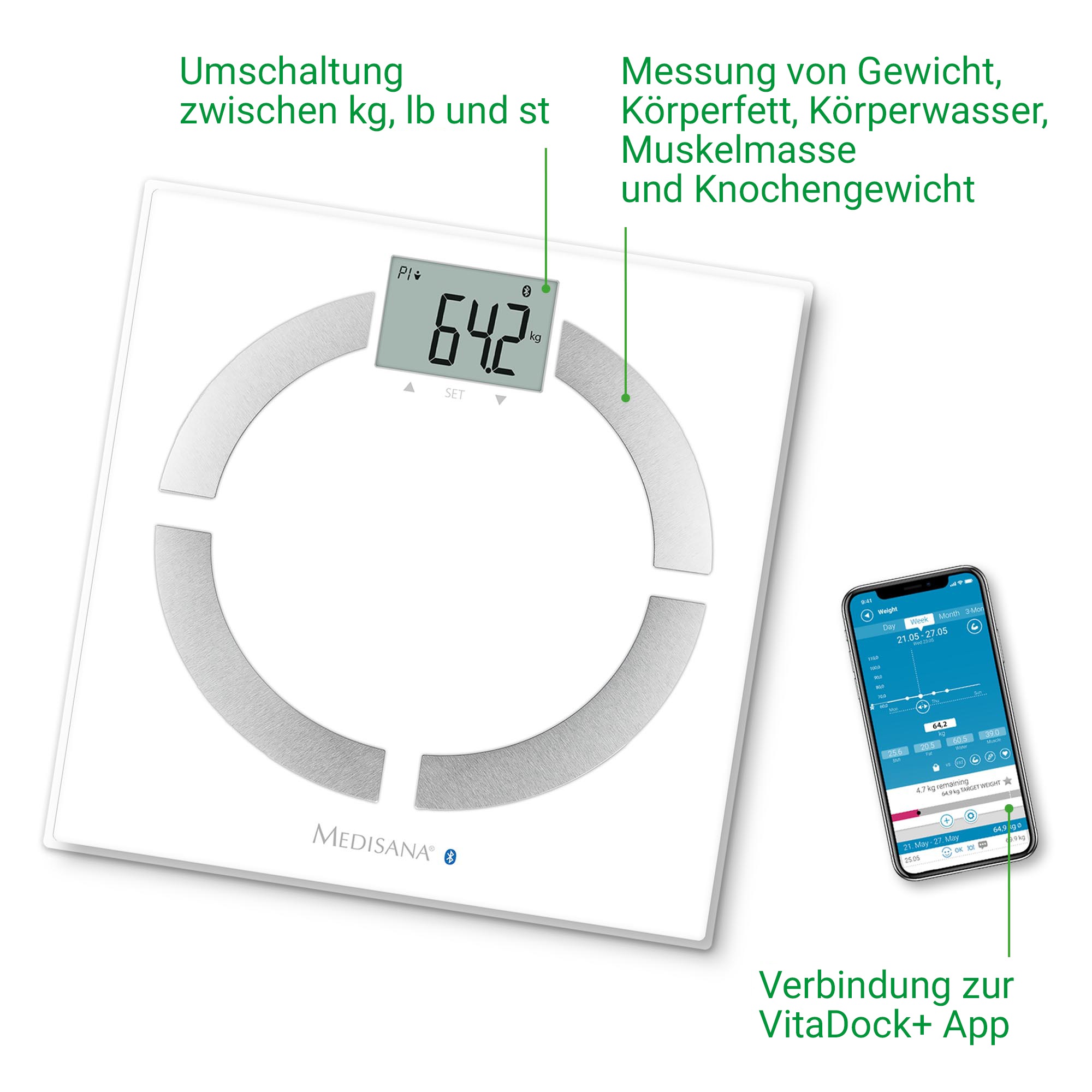 Medisana Körper-Analyse-Waage »BS 444«, für Gewicht, Körperfett, Körperwasser, Muskelanteil, Knochengewicht