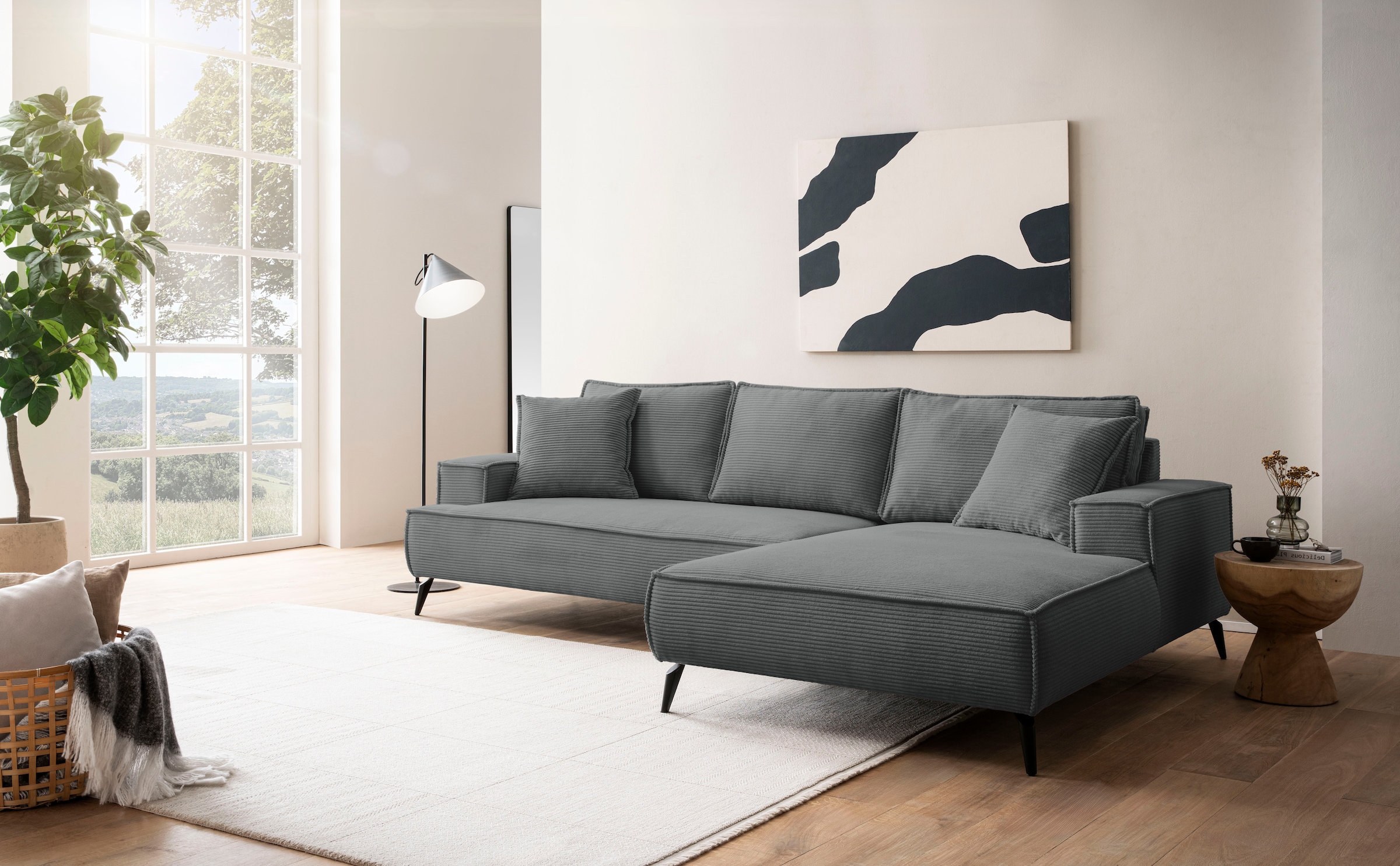 Image of Home affaire Ecksofa "TVINNU, L-Form, 275cm, in Cord und Leinenoptik" wahlweise Recamiere rechts/links, schwarze Füsse, bequemer Sitzkomfort