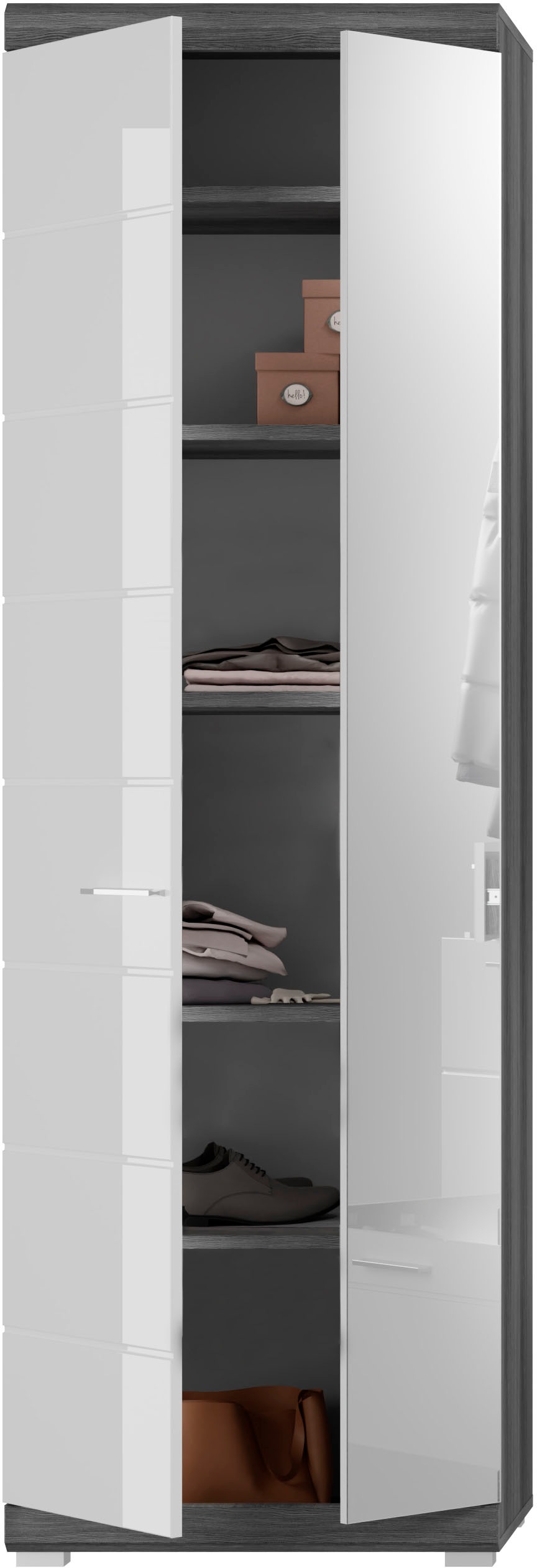 INOSIGN Garderobenschrank »Siena, Höhe 197cm, 2 Türen, 4 Einlegeböden, ausziehbare Kleiderstange«, Front-Rillenfräsung, Stauraumschrank, Flurschrank, Dielenschrank