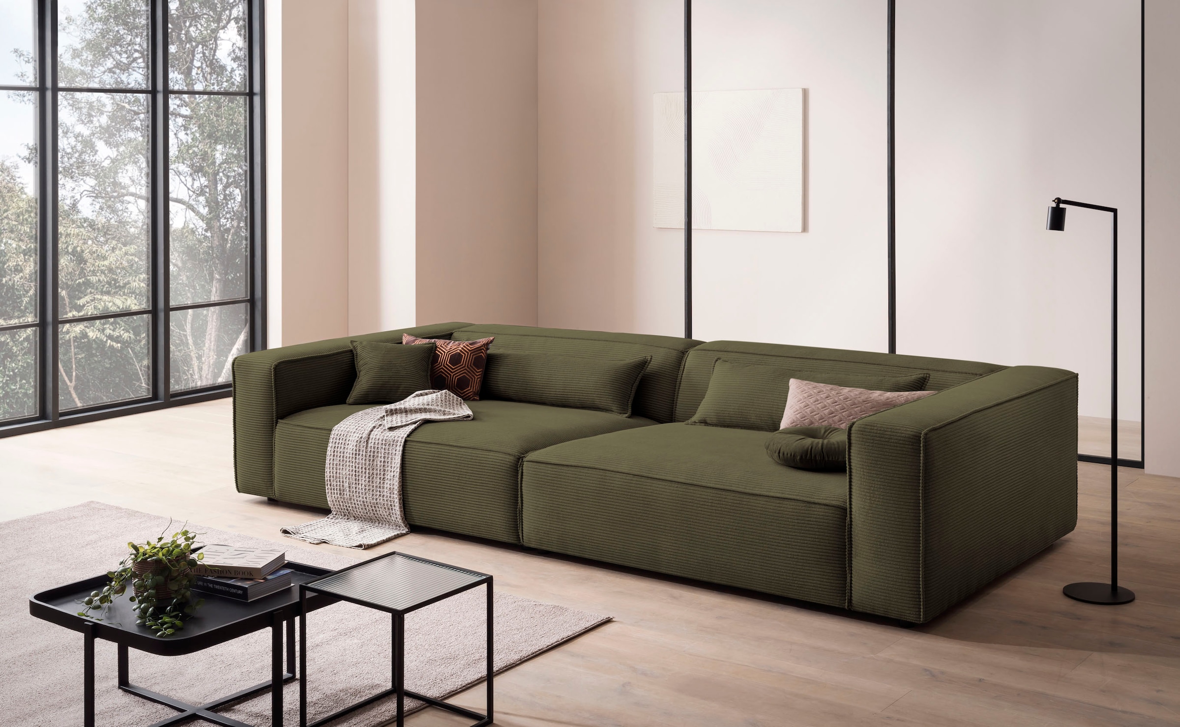 LeGer Home by Lena Gercke 3-Sitzer »PIARA, XXL Sofa mit Kedernaht, Big-Sofa in Cord oder Leinenoptik«, schwarze Füsse, bequemer Sitzkomfort, extra tiefe Sitzfläche