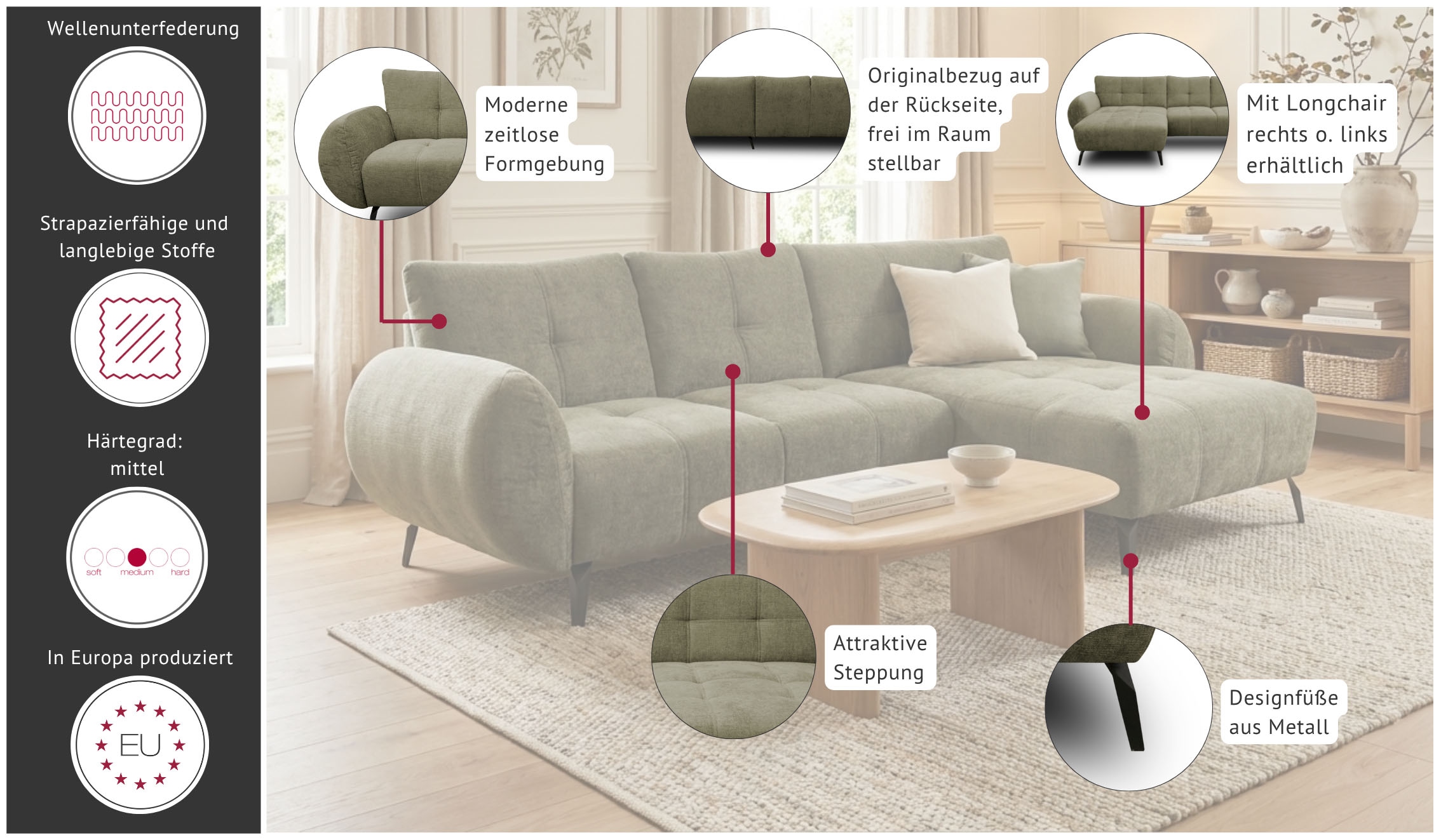 GOODproduct Ecksofa »Viborg 261 x 140 cm, mit Steppungen, elegant, modern« L-Form, pflegeleichter Bezug, hohe Füsse - passend für Saugroboter!
