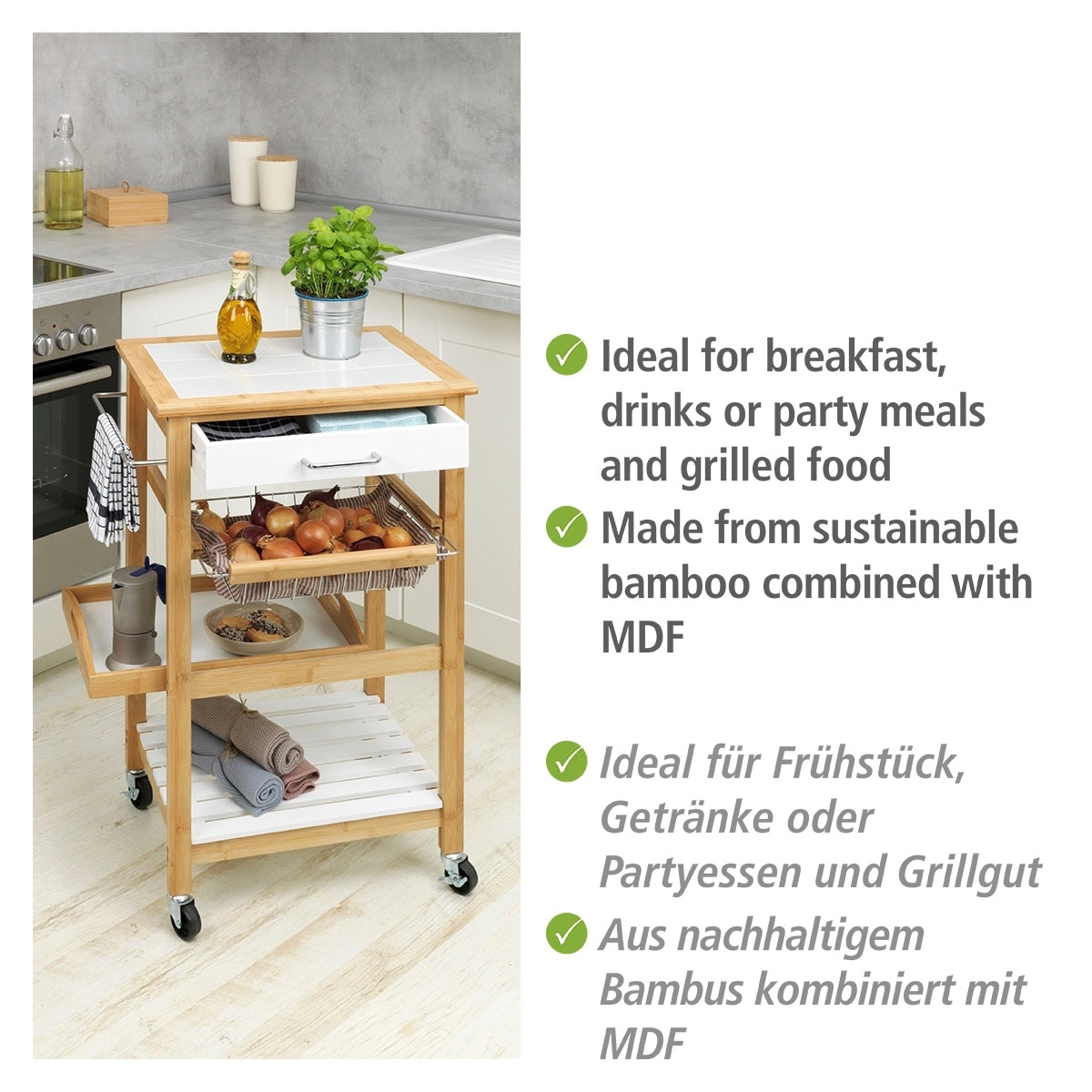 WENKO Regalwagen »Finja«, 3 Ablagen, 1 Aufhängemöglichkeit, 1 Korb, 1 Schublade