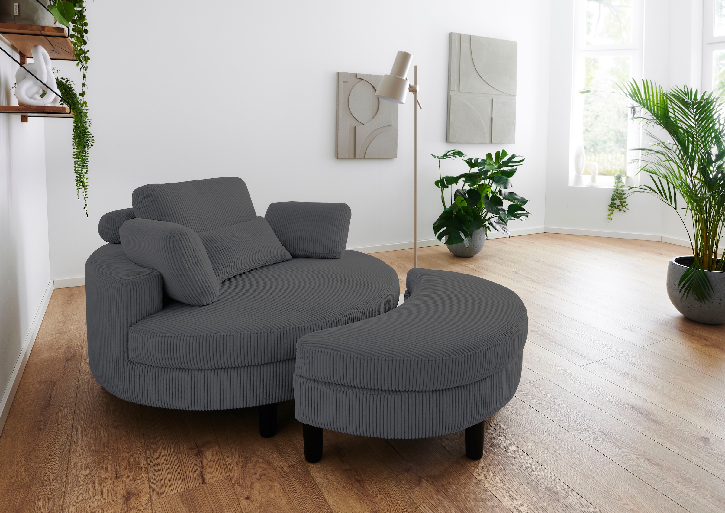 ATLANTIC home collection Loveseat »Ravi, B: 114 cm«, XXL- Sessel, mit Stauraumhocker, Rückenstütze & 4 Zierkissen
