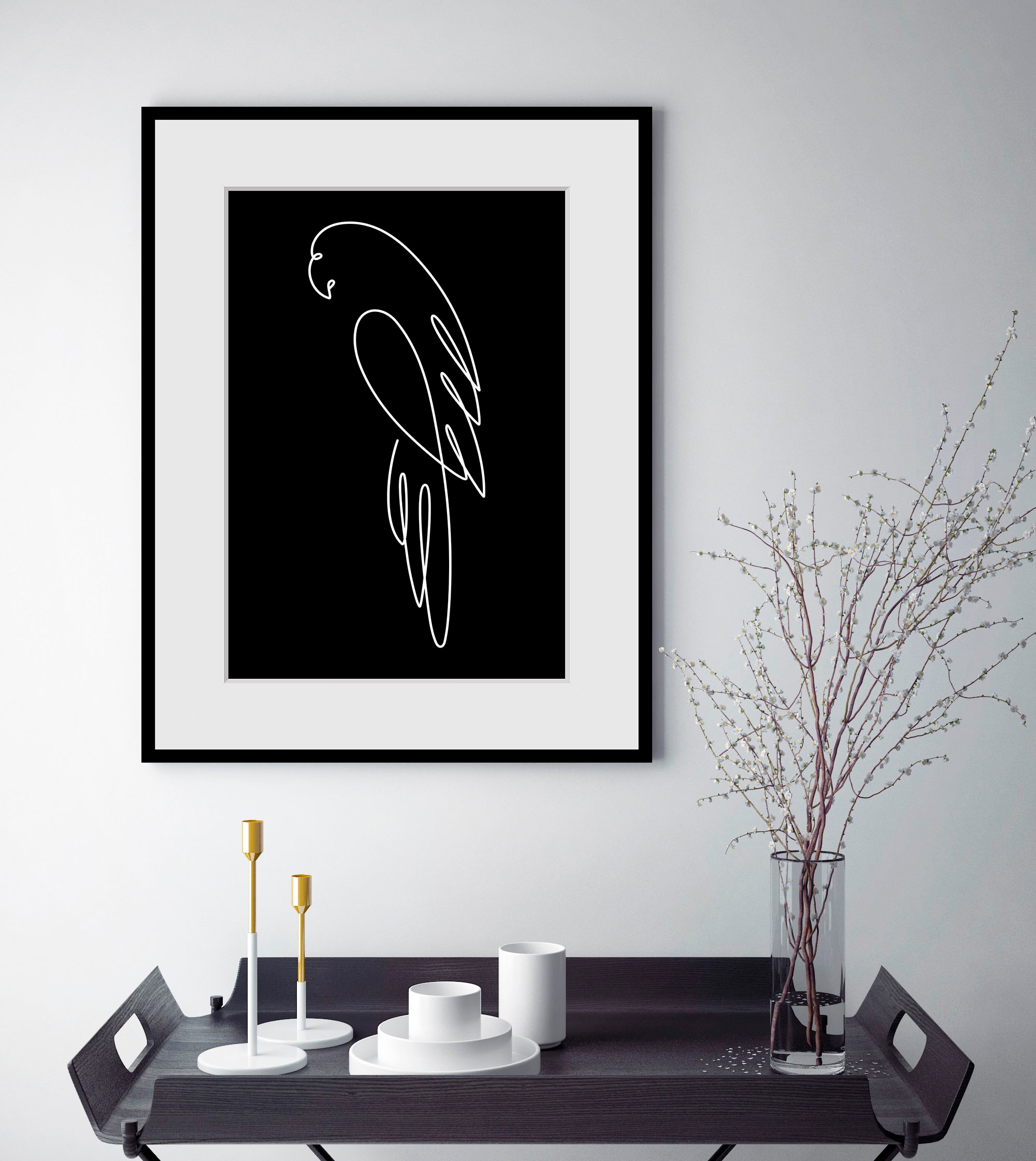 Image of queence Bild "Coco" Kunst Papageien Schwarz-Weiss Vogelbilder Vögel 1 Stk. tlg. HD Premium Poster-Druck inkl. Holzrahmen