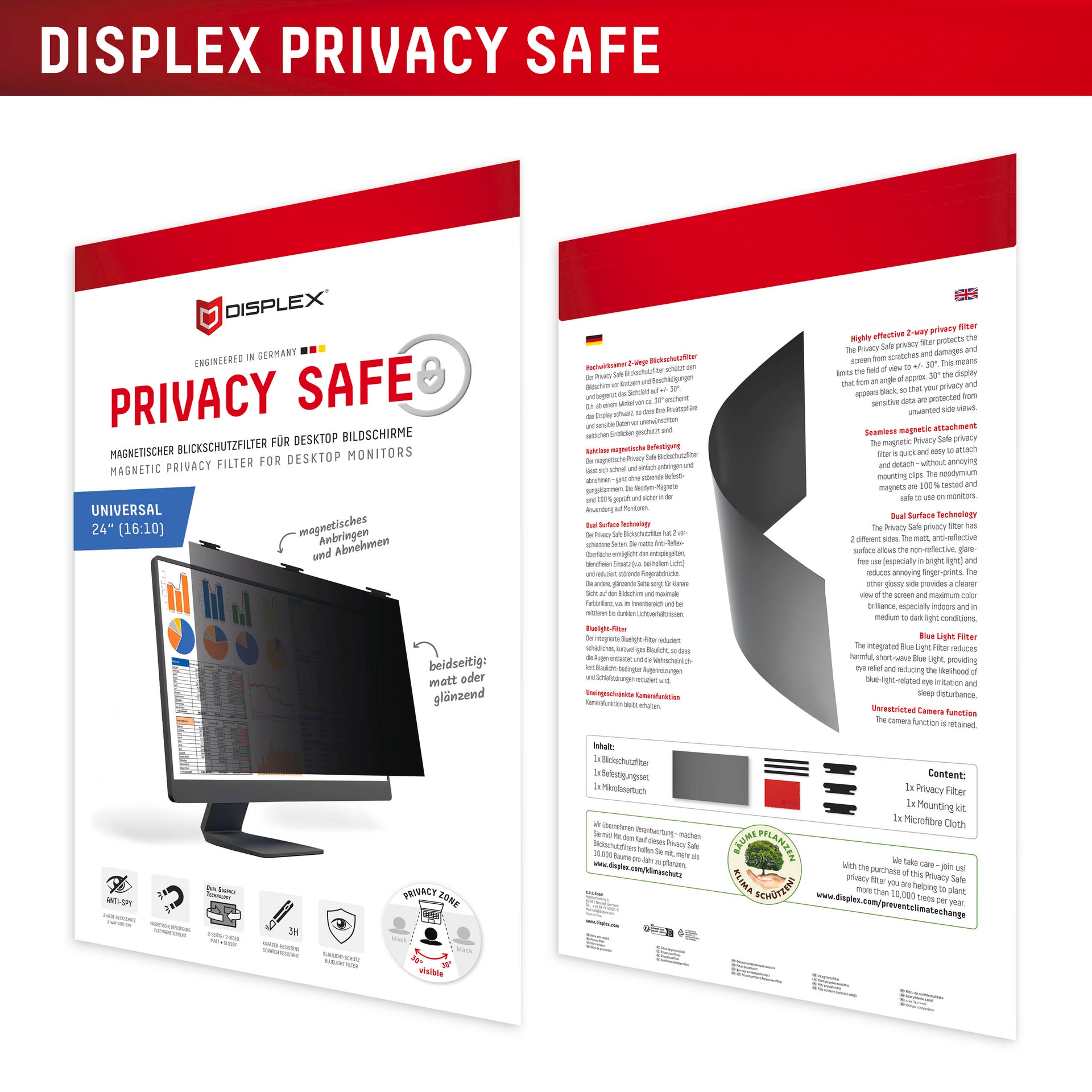 Displex Displayschutzfolie »Privacy Safe Blickschutzfilter«, für Universell für Monitore mit 24 (16:10), Blickschutzfolie, Schutzfolie, Bildschirmschutz, kratz- & stossfest