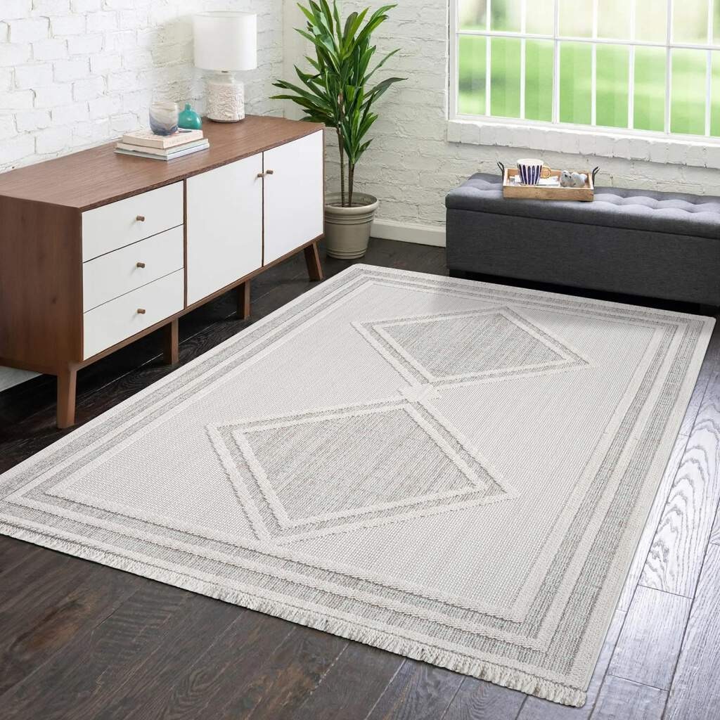 Image of Carpet City Teppich "LINDO 8853" rechteckig 11 mm Höhe Kurzflor, Hochtief-Muster/ 3D-Effekt, Fransen, Boho-Stil, Wohnzimmer