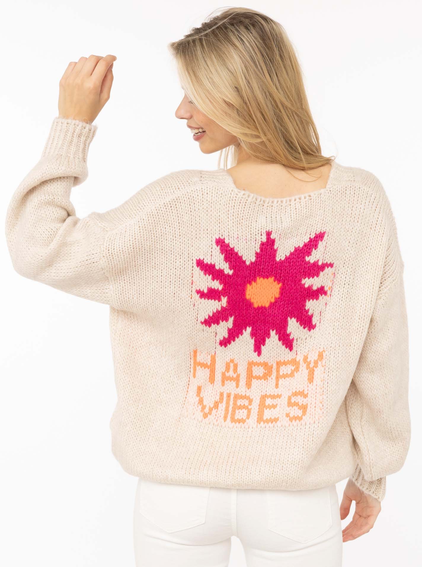 Zwillingsherz Cardigan »"Happy Vibes"« Knopfleiste, grosses Motiv mit Blume und Schrift hinten, One Size