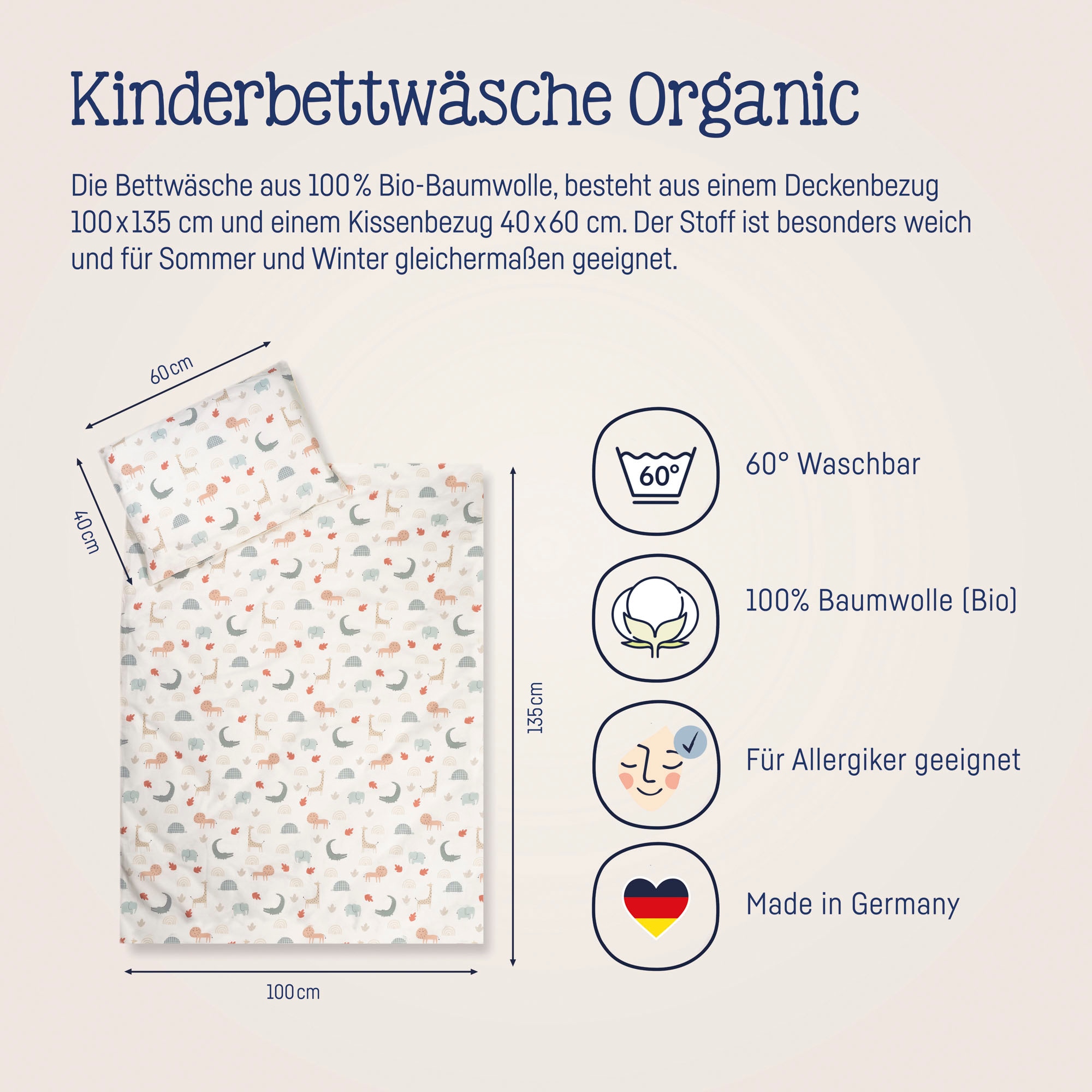 Julius Zöllner Kinderbettwäsche »Baby- und Kinderbettwäsche aus 100% Bio-Baumwolle«, erhältlich in den Grössen 80x80+35x40cm und 100x135+40x60cm