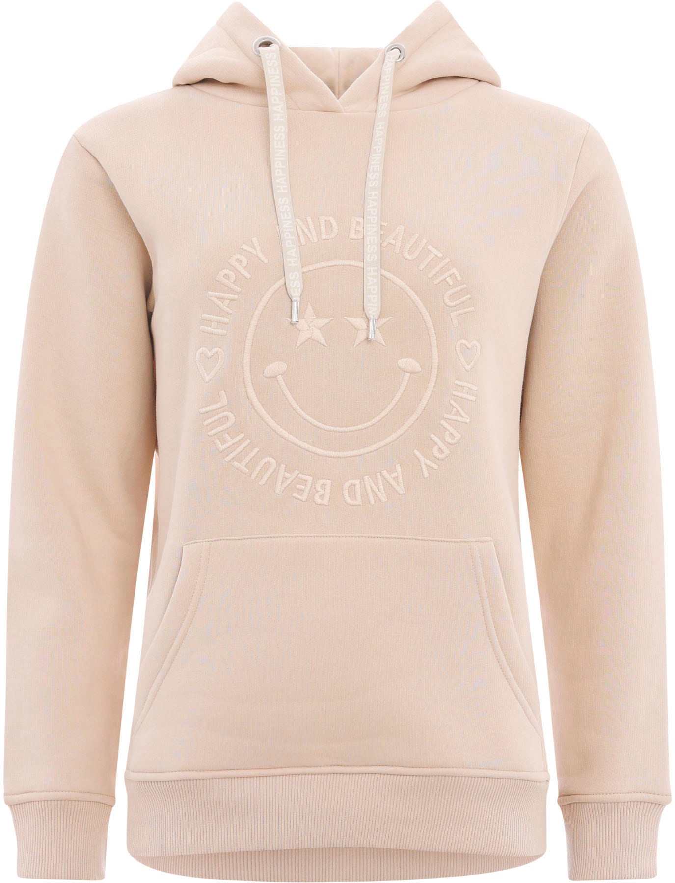 Zwillingsherz Kapuzensweatshirt »Happy and Beautiful«, mit gleichfarbiger Smiley-Stickerei und Bindebänder mit Schriftzug
