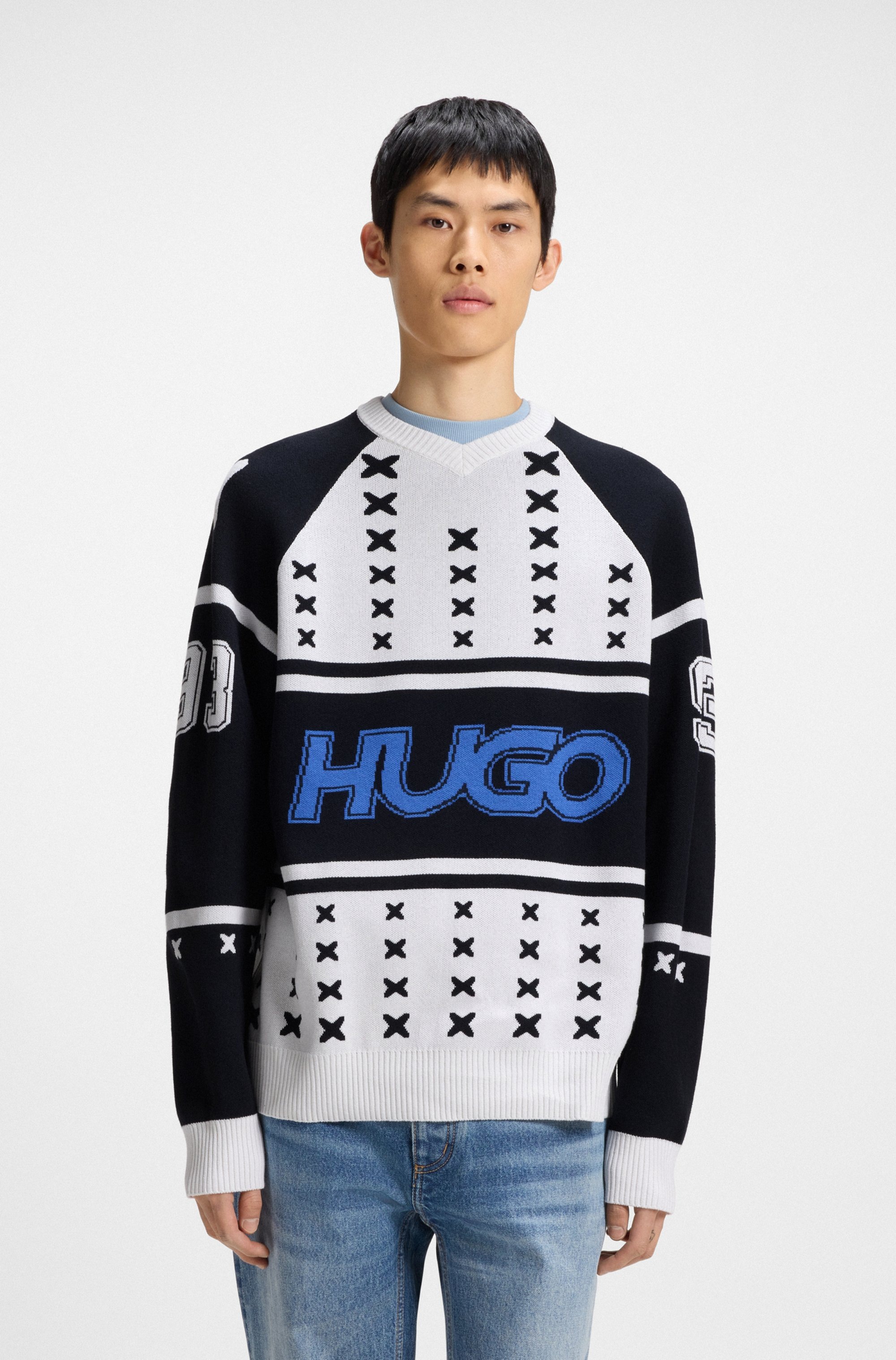 Image of HUGO V-Ausschnitt-Pullover "Shalock" mit aufwendiger Intarsie