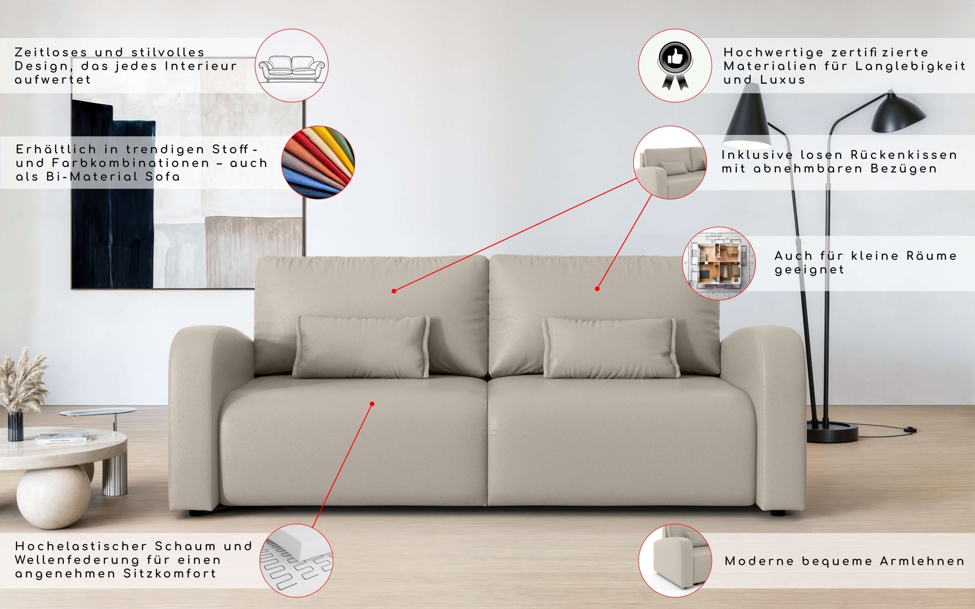 INOSIGN 3-Sitzer »JIGGS wahlweise Schlafsofa mit Bettkasten, Masse B/H/T: 228/96/110 cm«, Sofa mit Wellenunterfederung, enthält 2 Rückenkissen und 2 Zierkissen