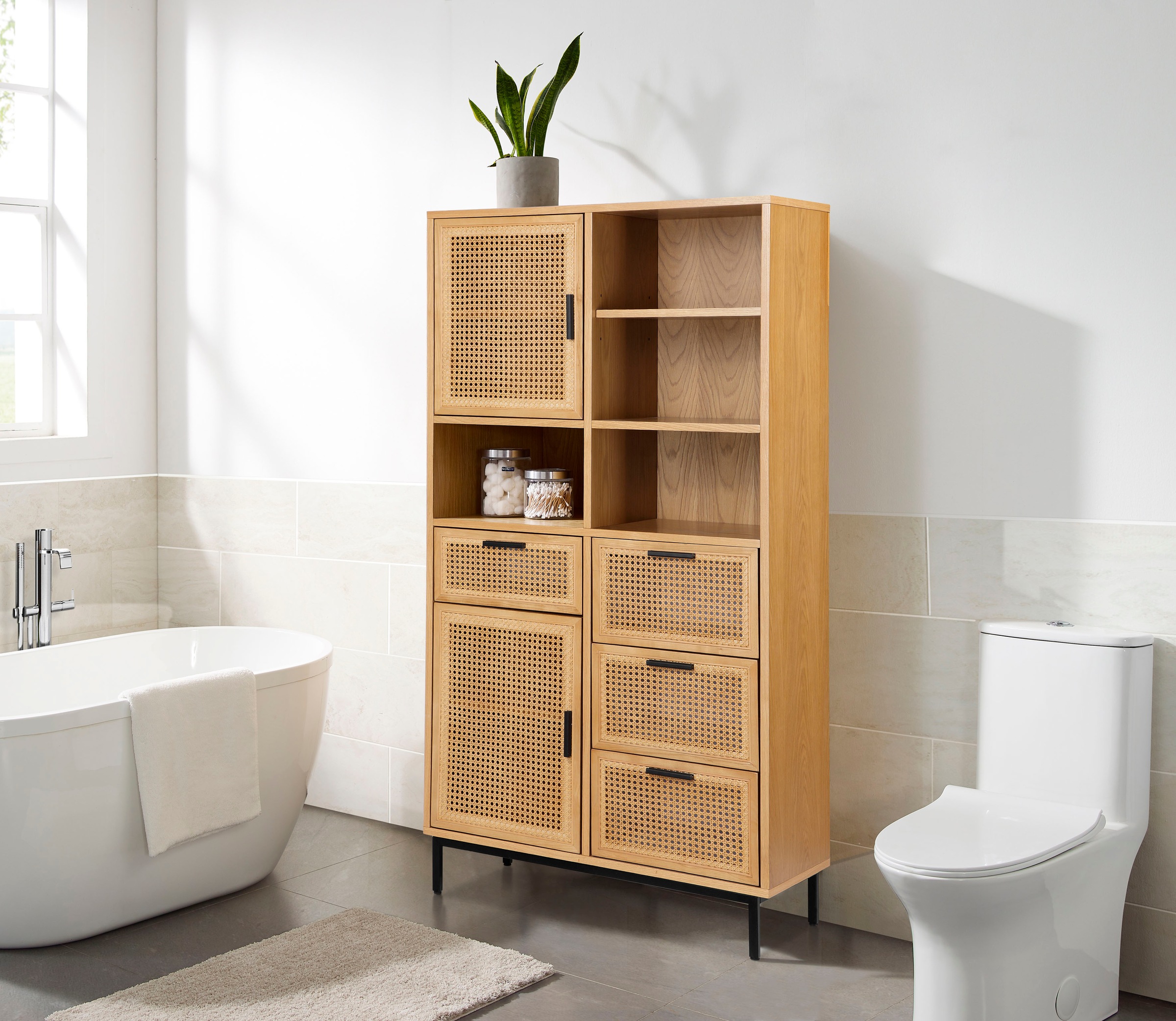 Image of COUCH♥ Hochschrank »Feines Geflecht«, Rattan Einsatz, viel Stauraum, 4 Schubladen, 2 Türen, 8 Fächer bei Ackermann Versand Schweiz