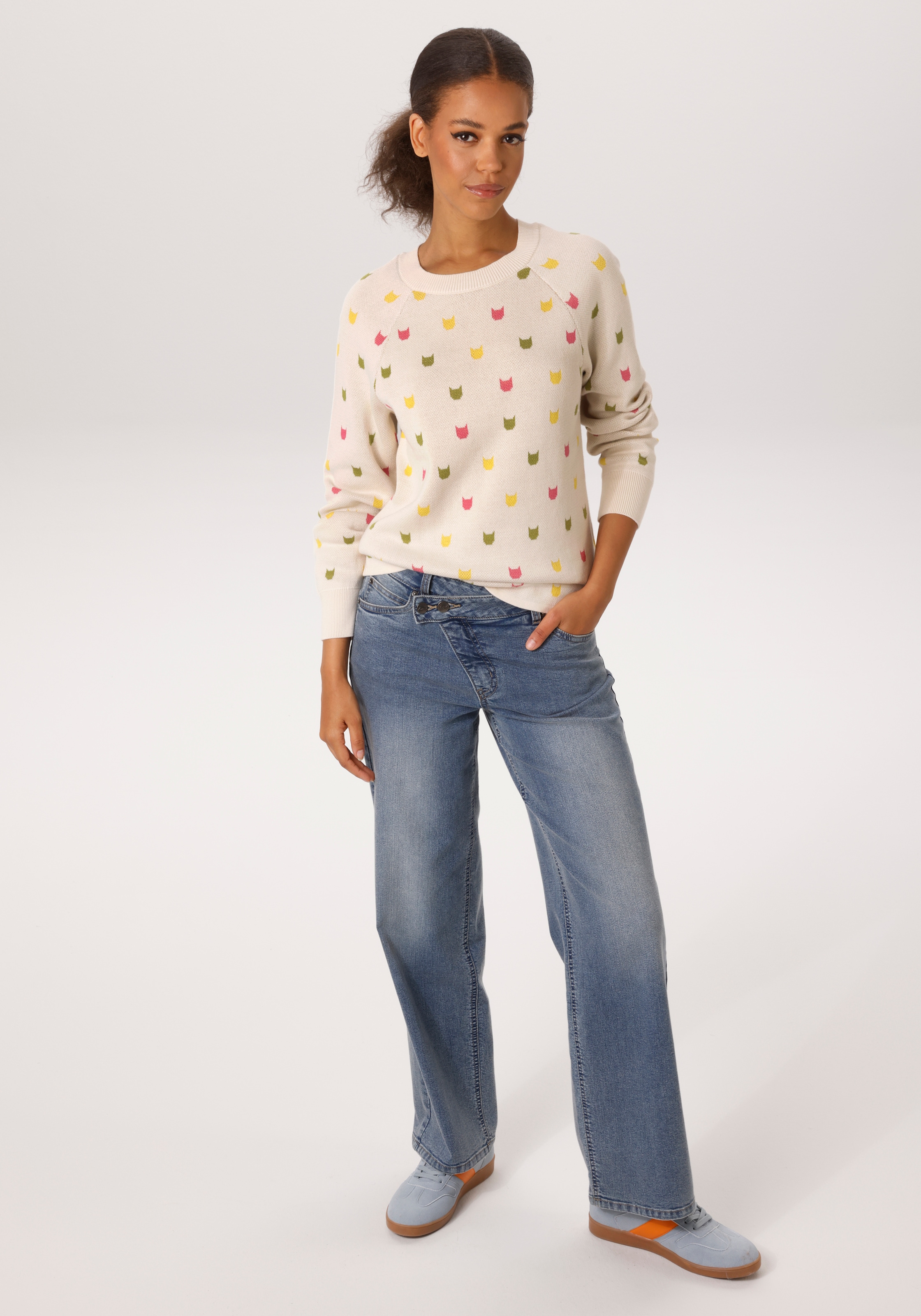 Aniston CASUAL Strickpullover mit eingestrickten grafischen Katzenköpfen - NEUE KOLLEKTION