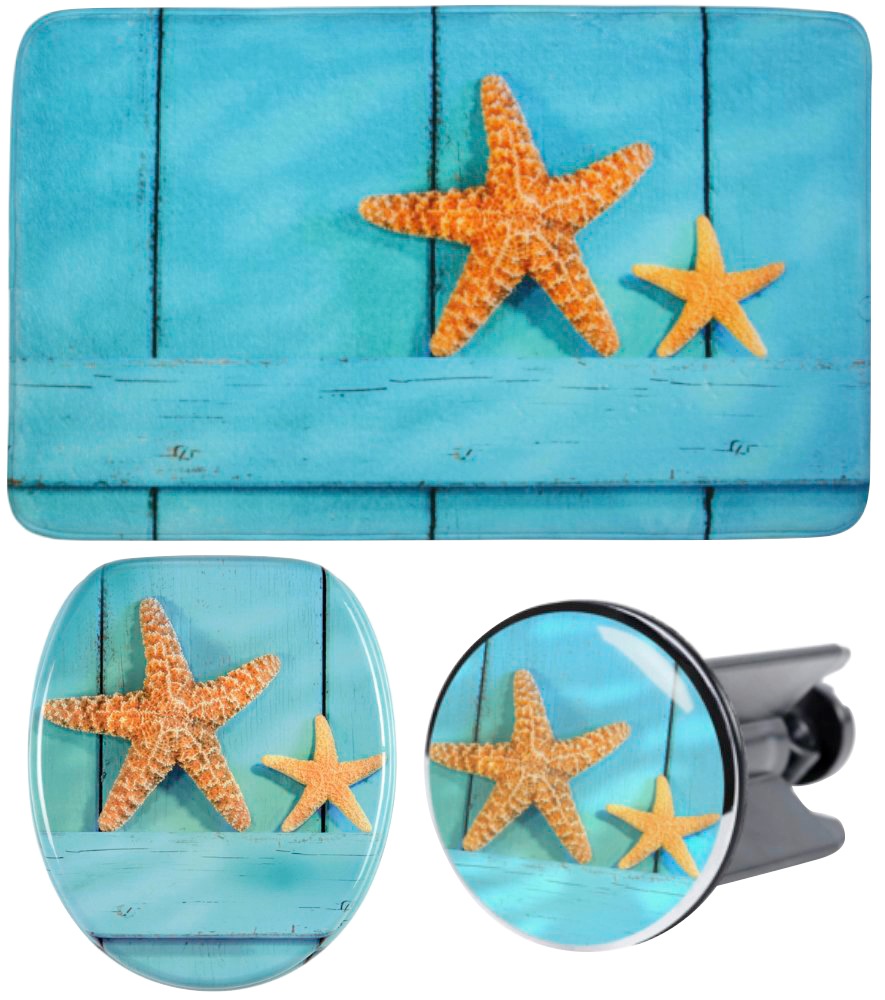 Image of Sanilo Badaccessoire-Set "Sea Star" bestehend aus WC-Sitz, Badteppich und Waschbeckenstöpsel