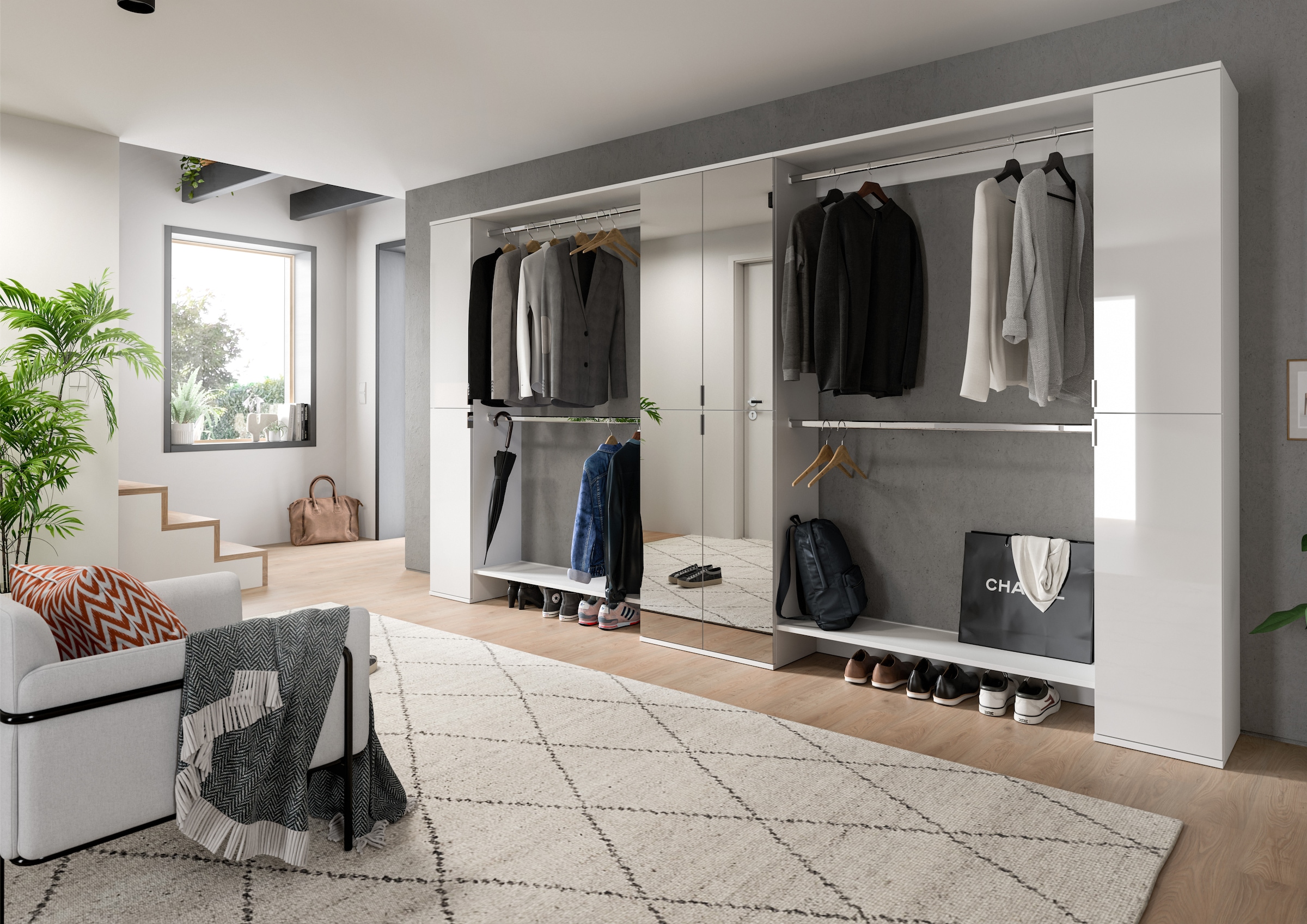 INOSIGN Garderoben-Set »Trondheim, Garderobenset 5-tlg. Breite 341 cm,«, (5 St.), best. aus: Spiegelschrank, 4 Kleiderstanden, 2x Schrank, Flur, Diele