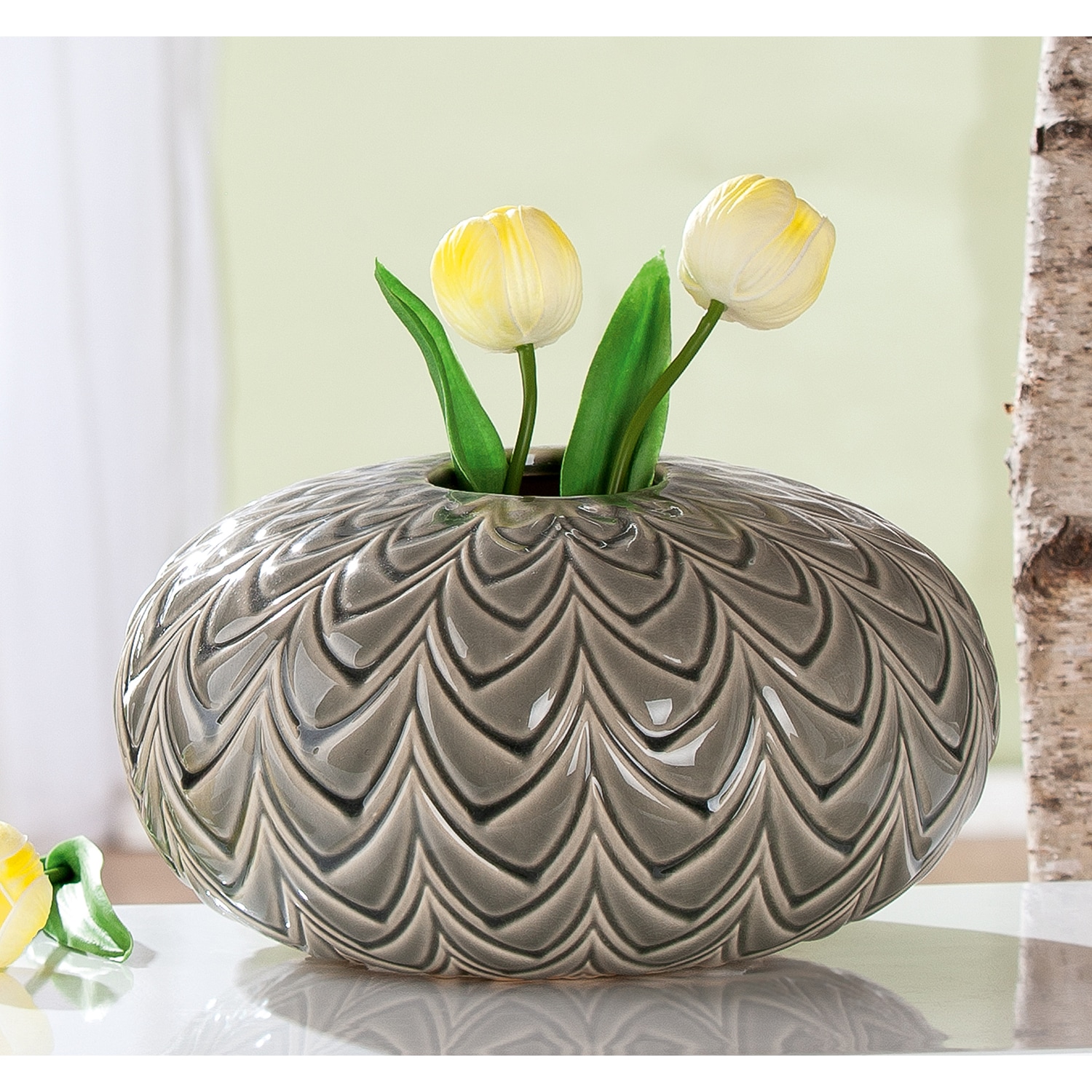 GILDE 1100000002199 »Vase bauchig Lamello grün H. 15 cm« Vase, Lamello, Strukturvase, dekorativ, hochwertig, Bodendeko